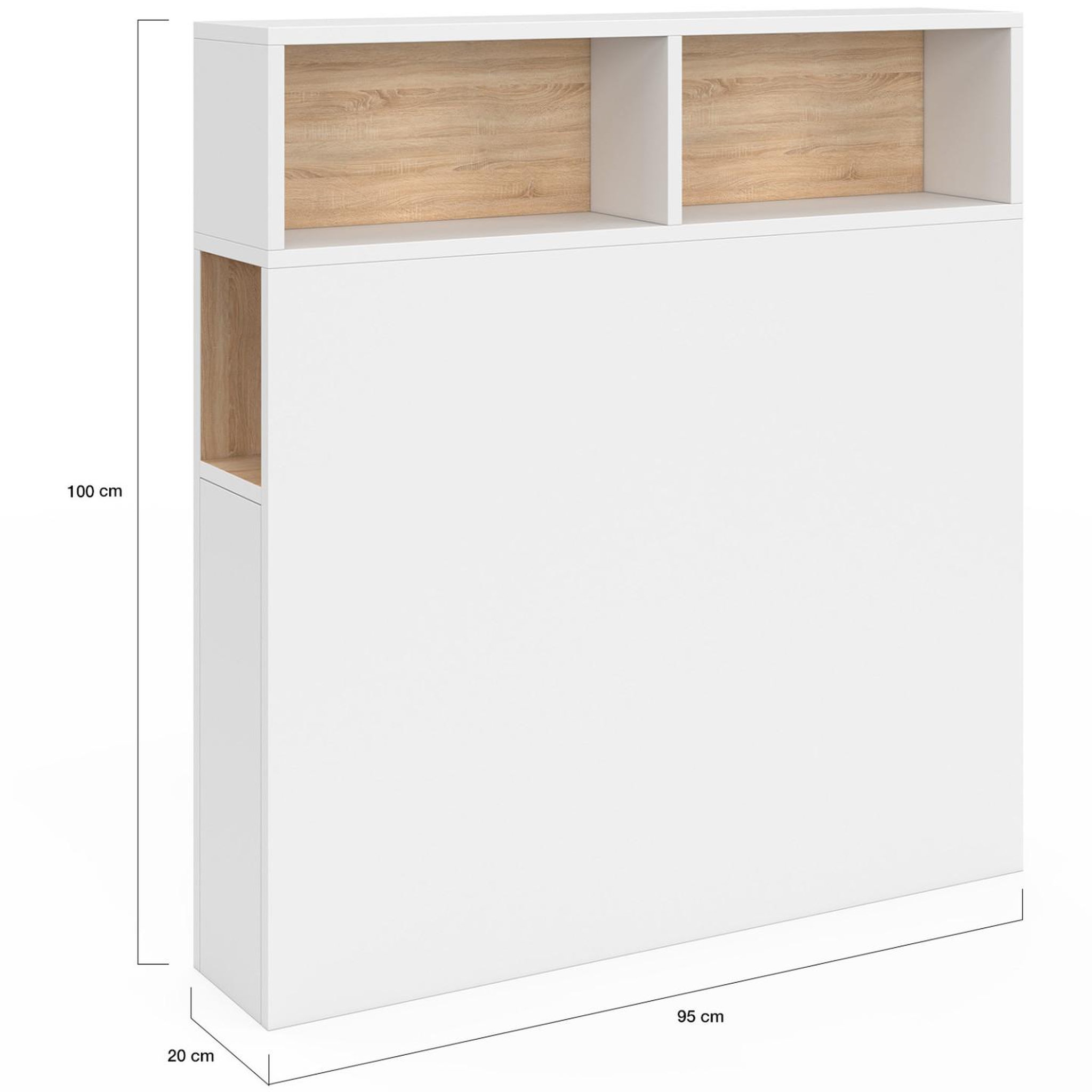 Voir la diapositive 5 : ID MARKET Tête de lit sur pied CLEO 95 cm avec rangements fermés et niches blanc et façon hêtre