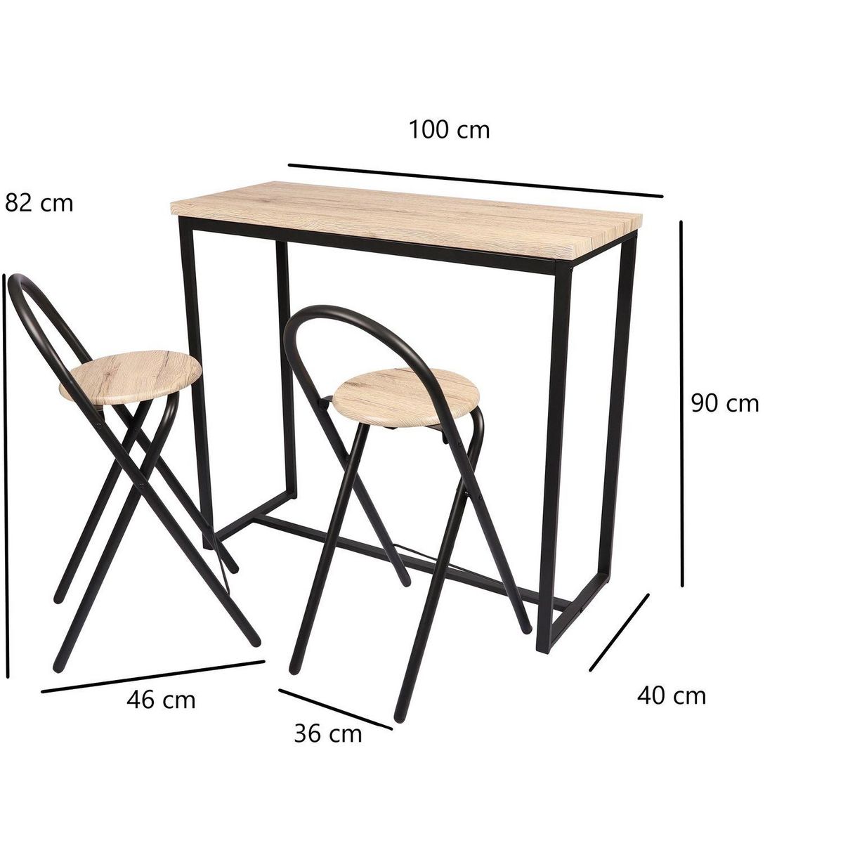 TOILINUX Table murale et ses 2 tabourets Dock en MDF et Métal - H.90 cm x L.100 cm - Beige et Noir
