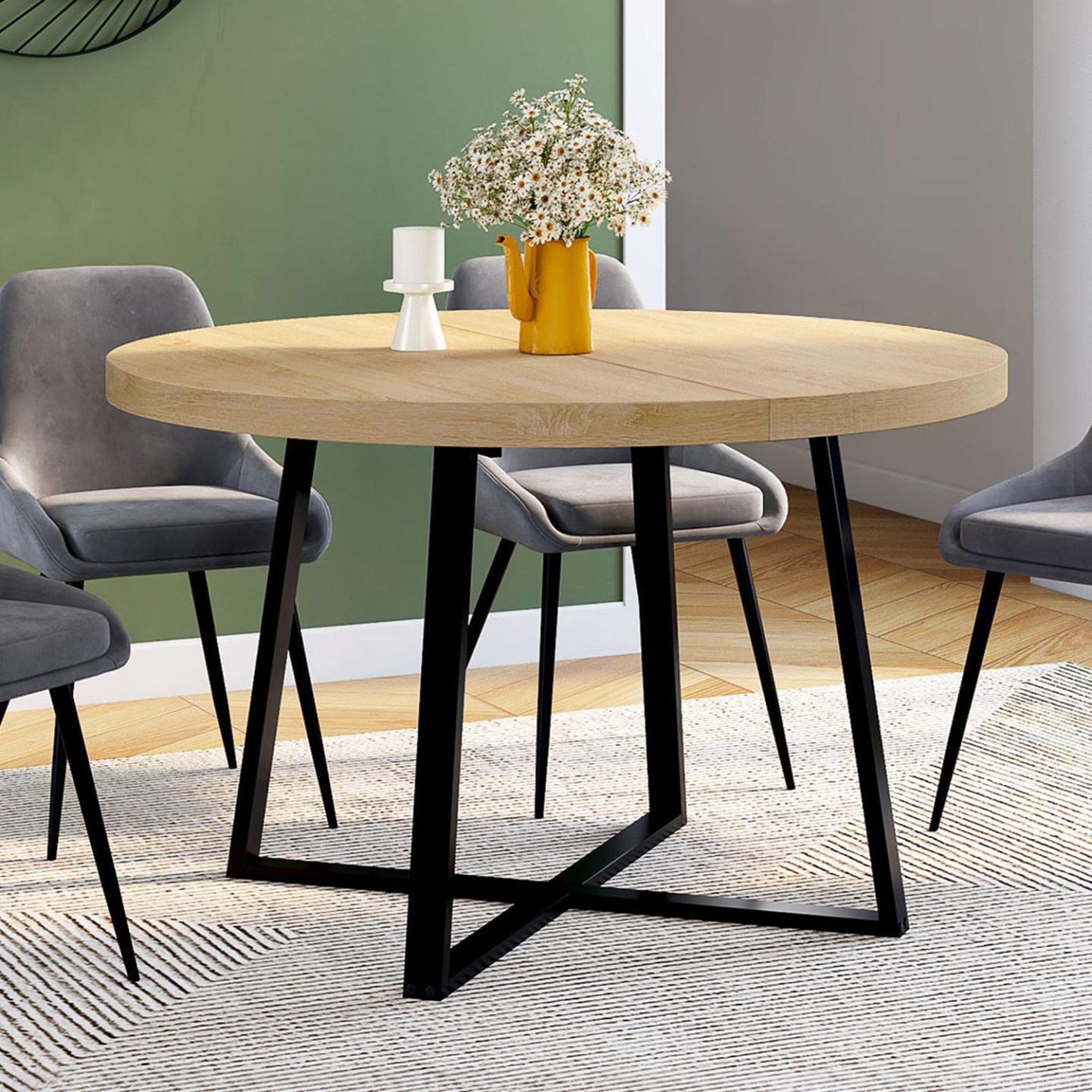 Voir la diapositive 2 : ID MARKET Table à manger fixe ronde selma 4-6 personnes bois et noir 110 cm