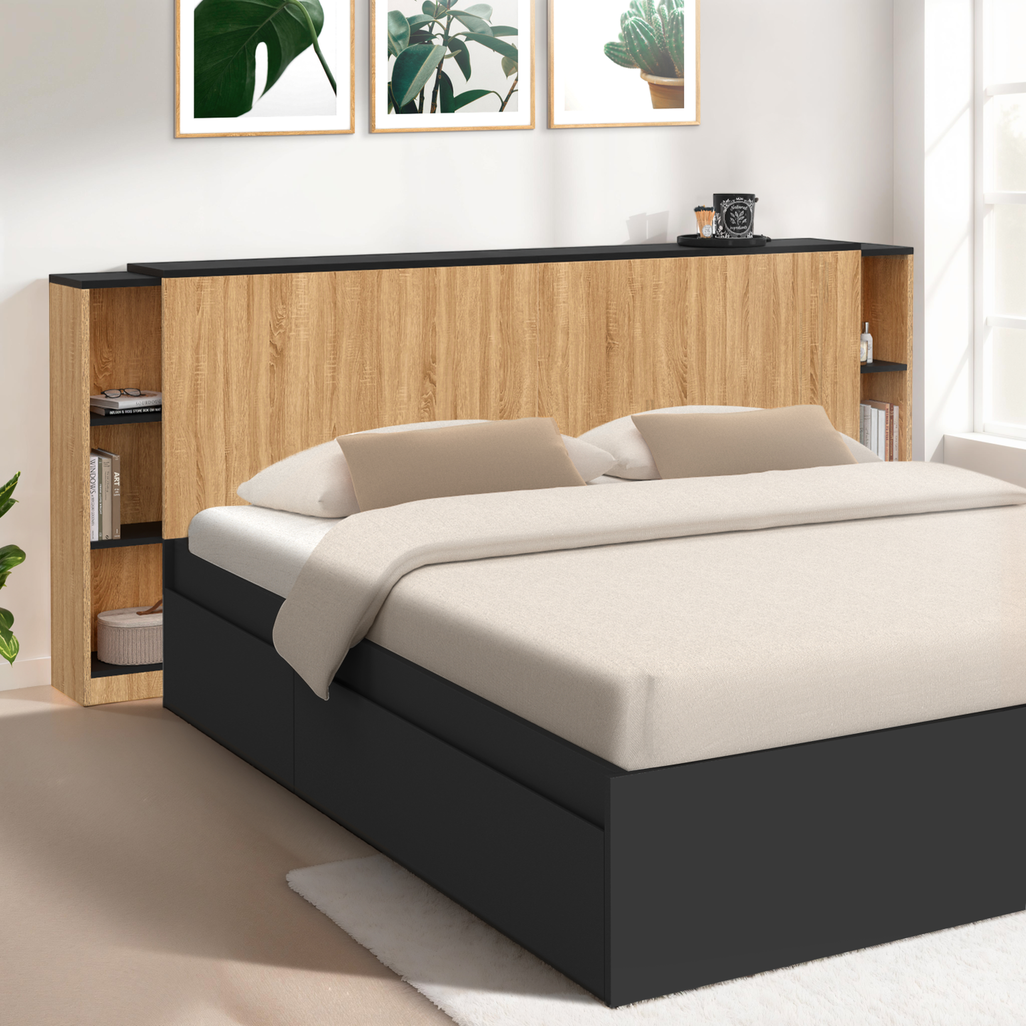 Voir la diapositive 2 : ID MARKET Tête de lit sur pied extensible avec chevets coulissants catba pour lit 140 et 160 cm façon bois et noir