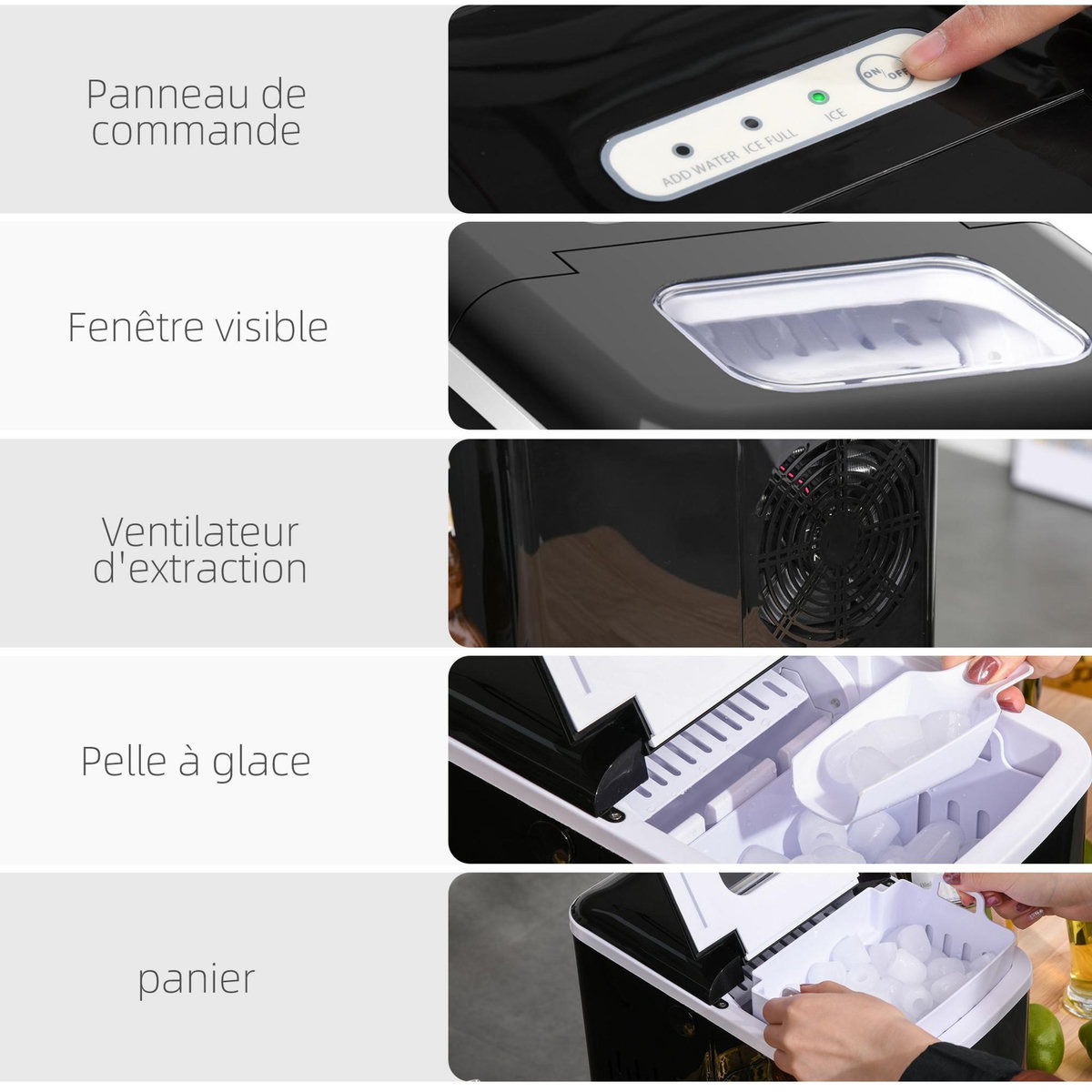 HOMCOM Machine à glaçon 120 W - capacité réservoir eau 1,8 L - capacité réservoir glace 0,8 Kg - cuillère et panier inclus - PP noir