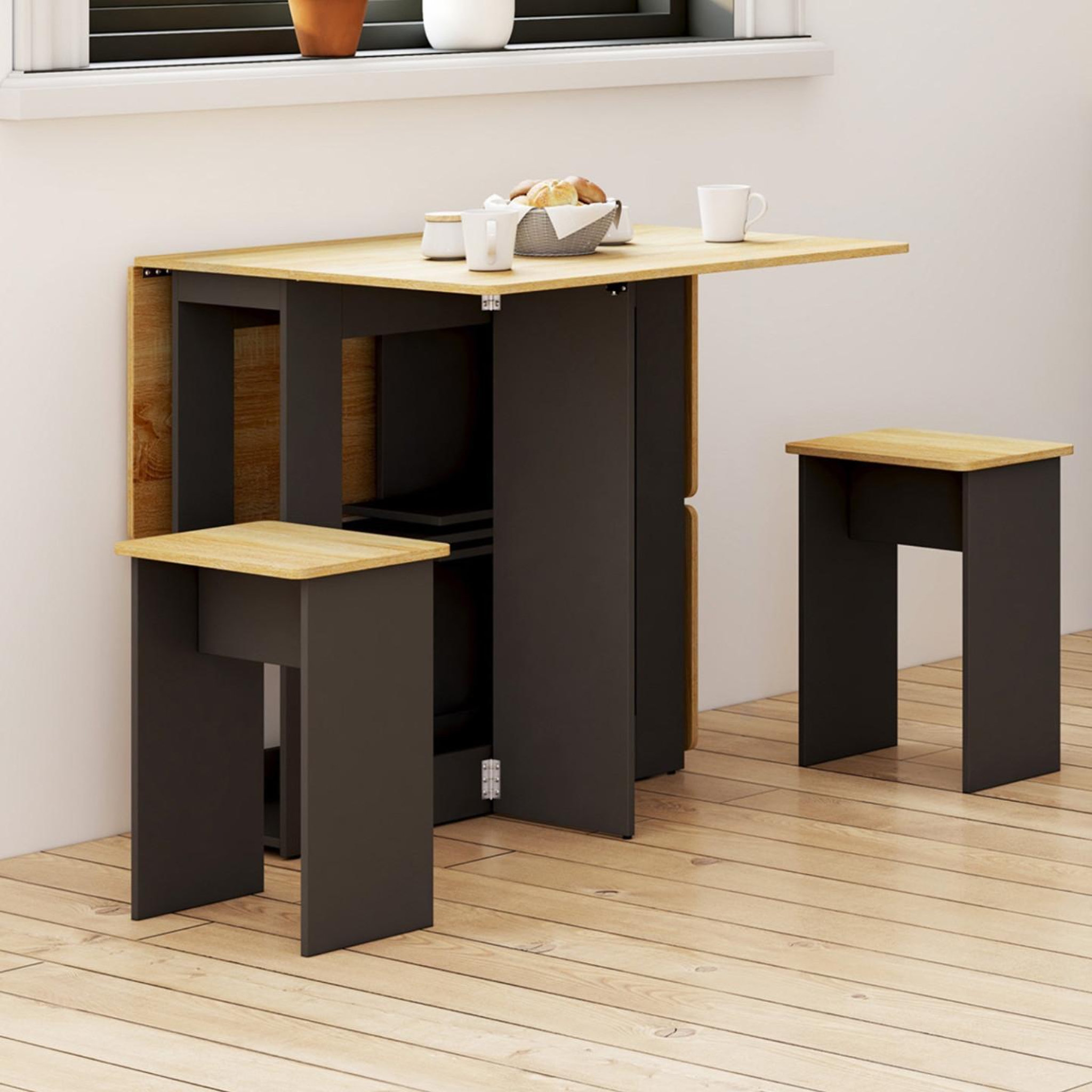 Voir la diapositive 5 : ID MARKET Ensemble table console pliable edi 2-4 personnes bois noir et plateau façon hêtre avec 4 tabourets
