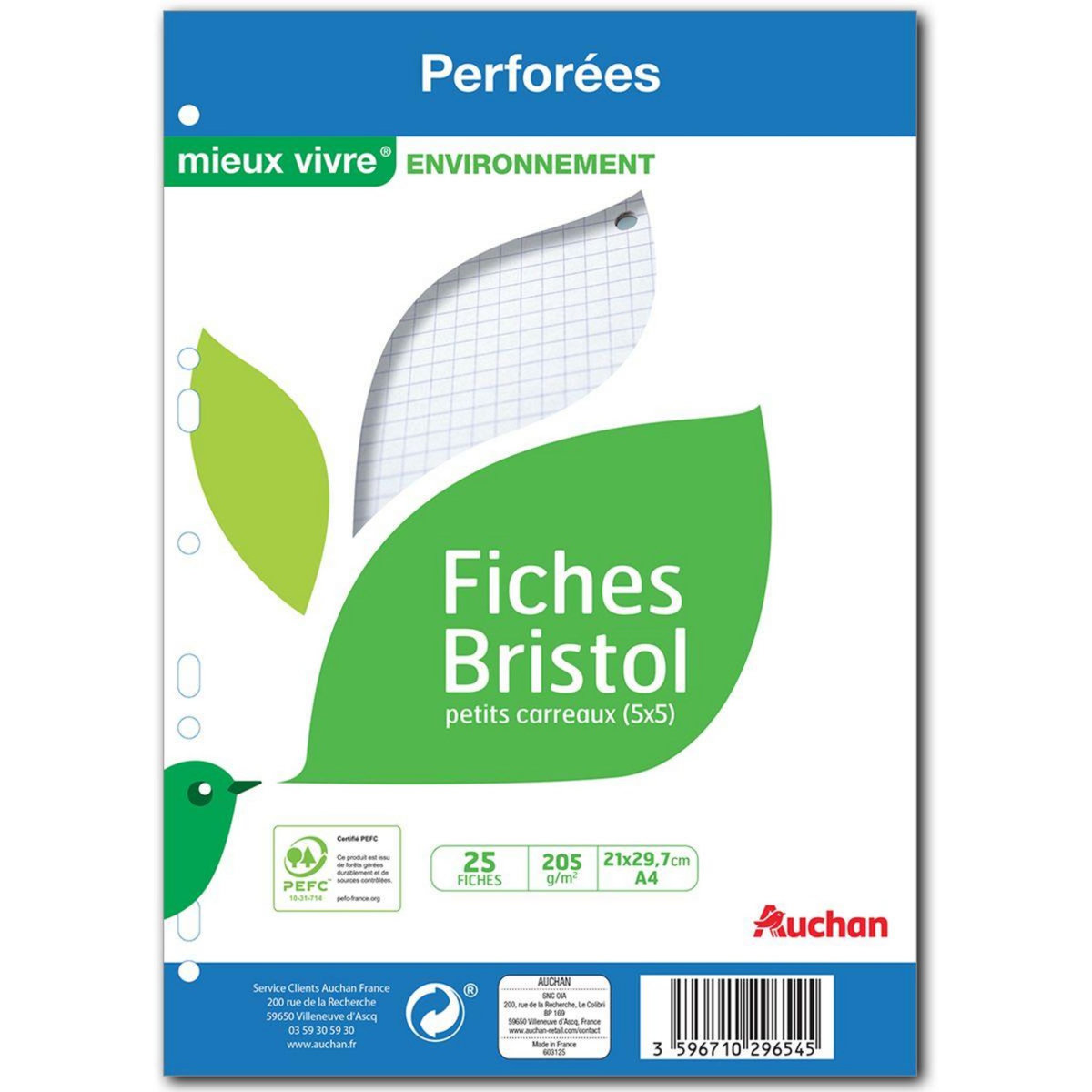 AUCHAN Lot de 25 fiches bristol 21x29,7cm petits carreaux 5x5 perforées