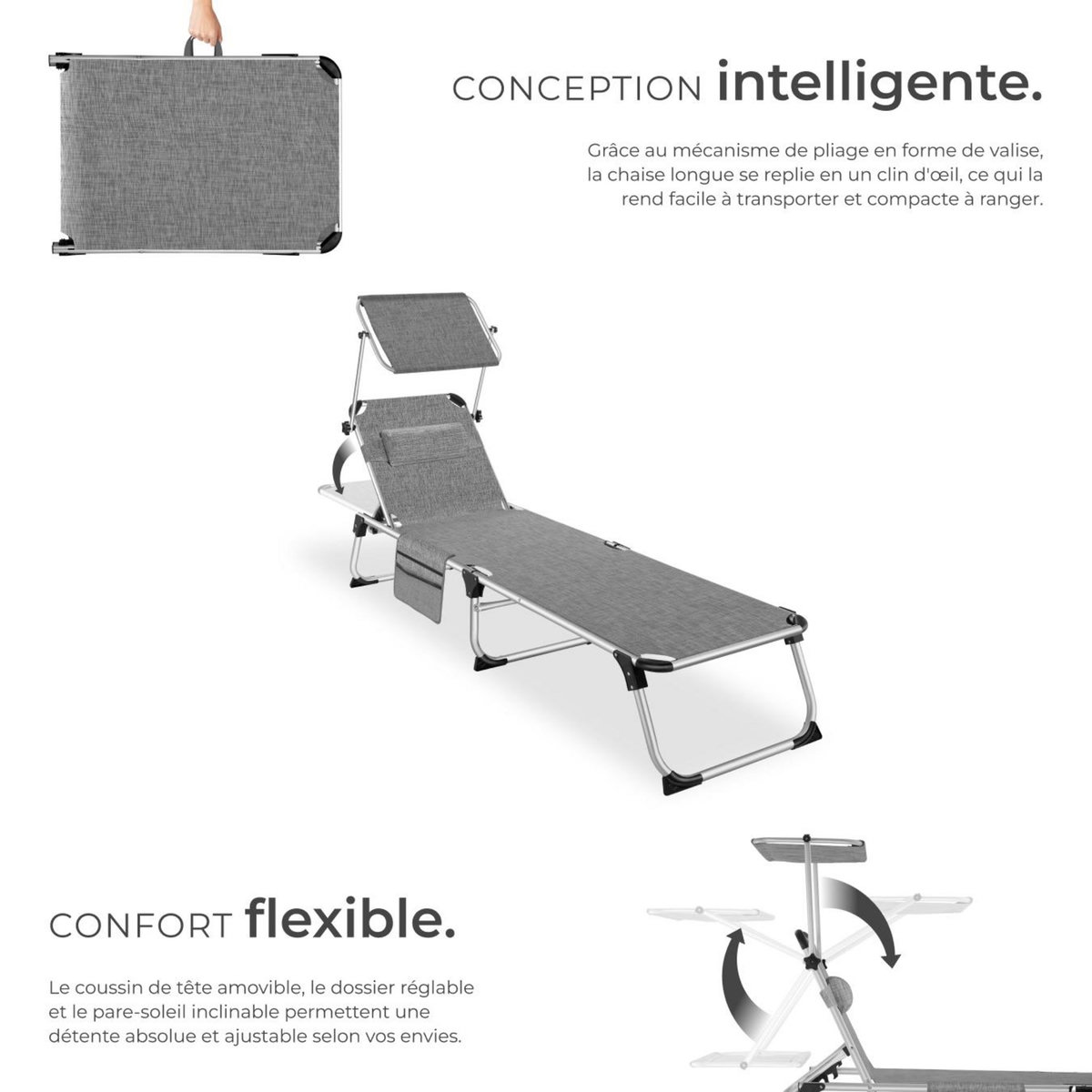 tectake Bain de soleil pliable avec oreiller gris tacheté