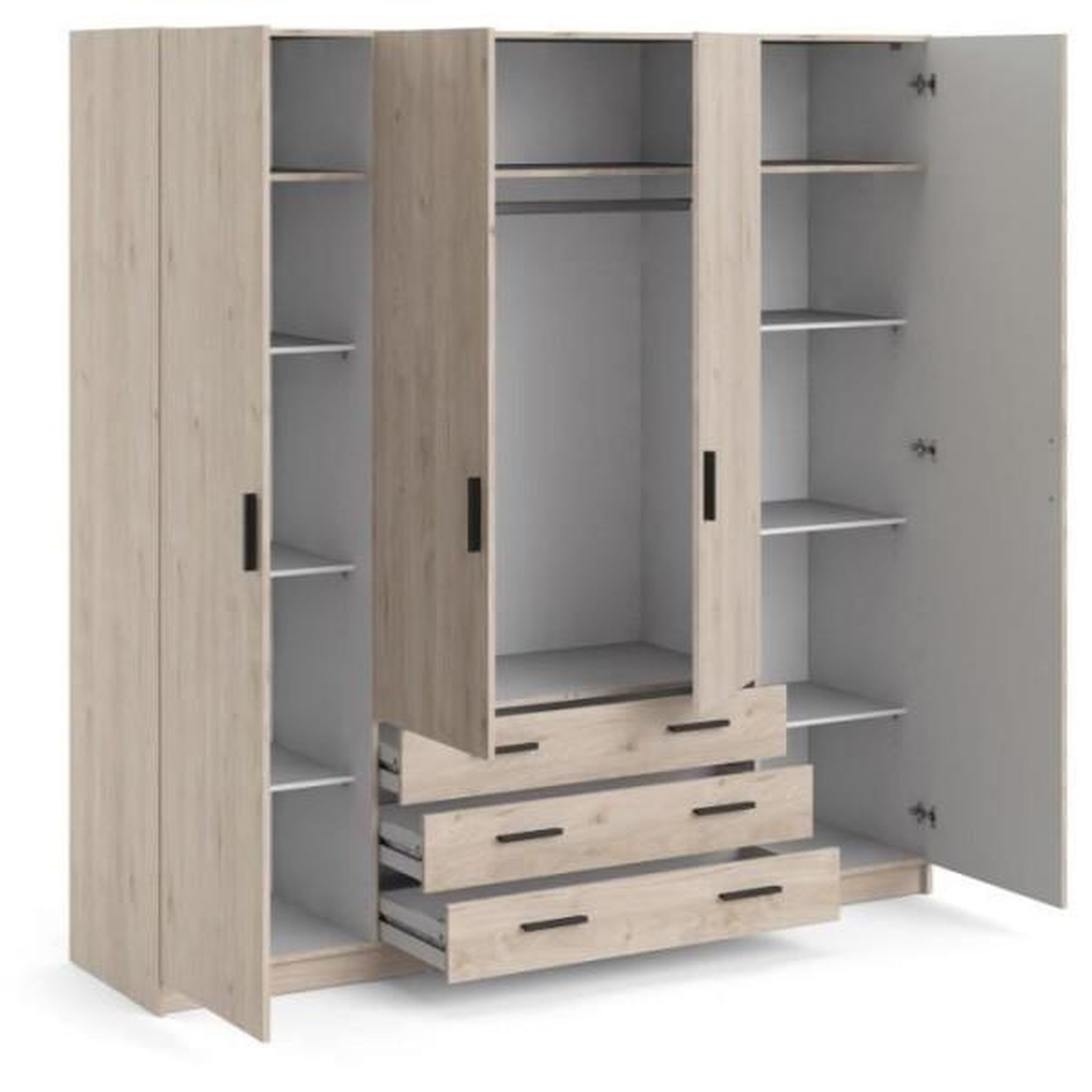 Voir la diapositive 4 : Armoire VEGA - Décor Chene Jackson - 4 portes + 3 tiroirs - L 195,5 x P 49,6 x H 200,4 cm