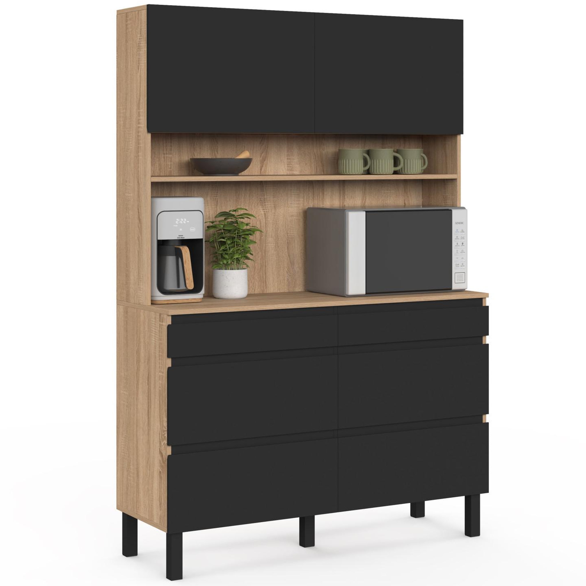 Voir la diapositive 4 : ID MARKET Buffet double casserolier de cuisine 120 cm claude 6 tiroirs + 1 placard bois et noir
