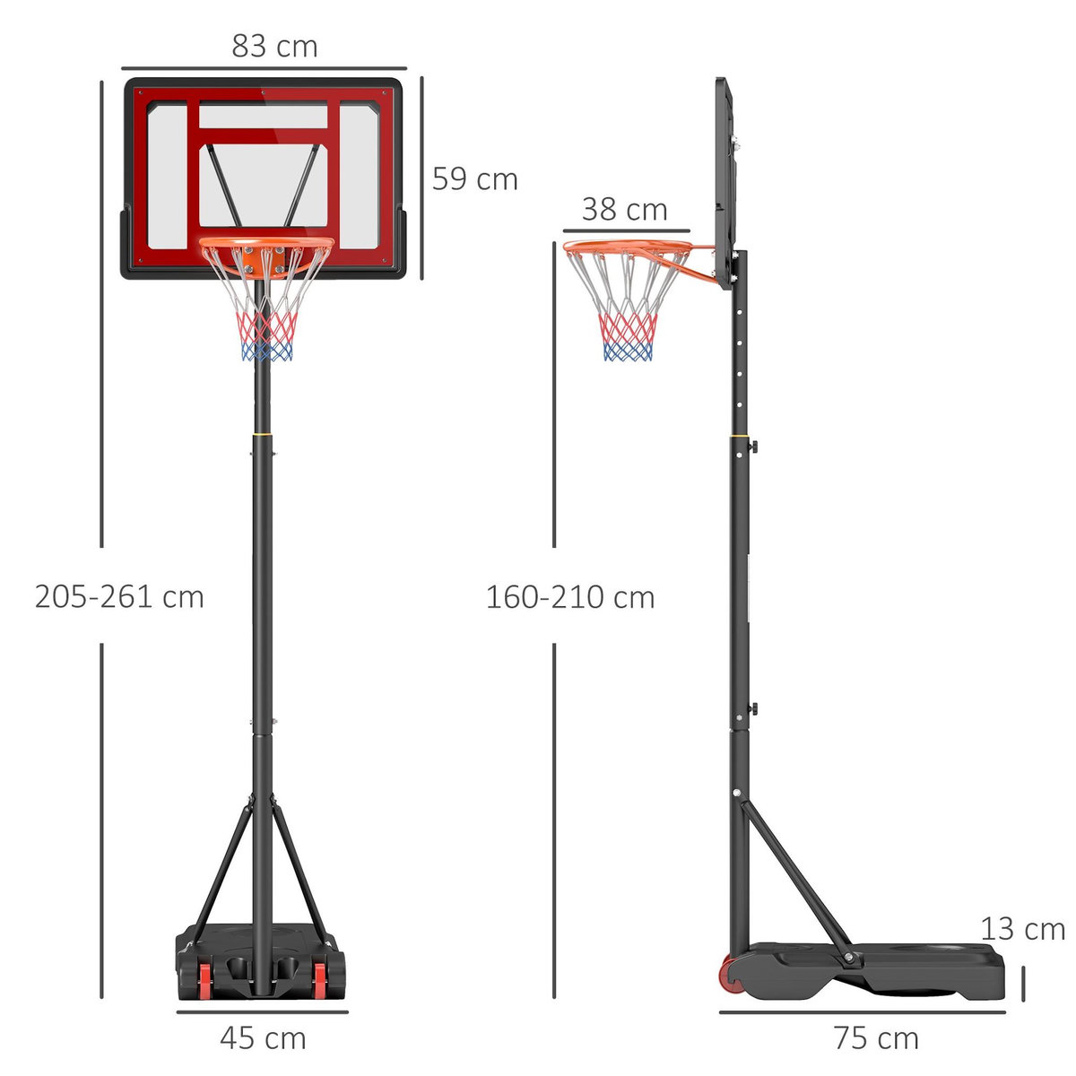 HOMCOM Panier de basketball sur pied hauteur réglable H.160–210 cm lestage roulettes noir rouge