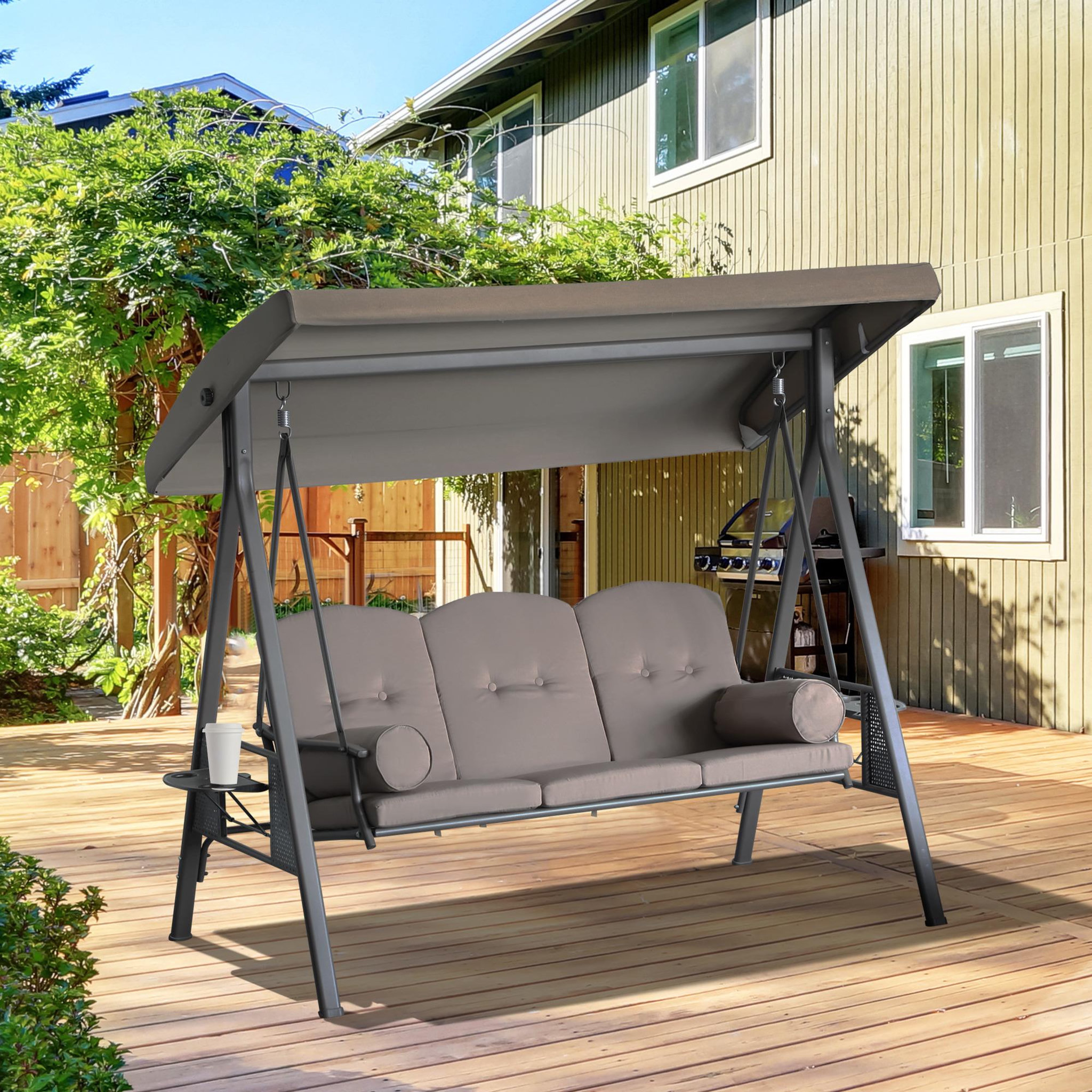Voir la diapositive 2 : OUTSUNNY Balancelle de jardin 3 places grand confort toit inclinaison réglable coussins plateaux rétractables polyester filé marron