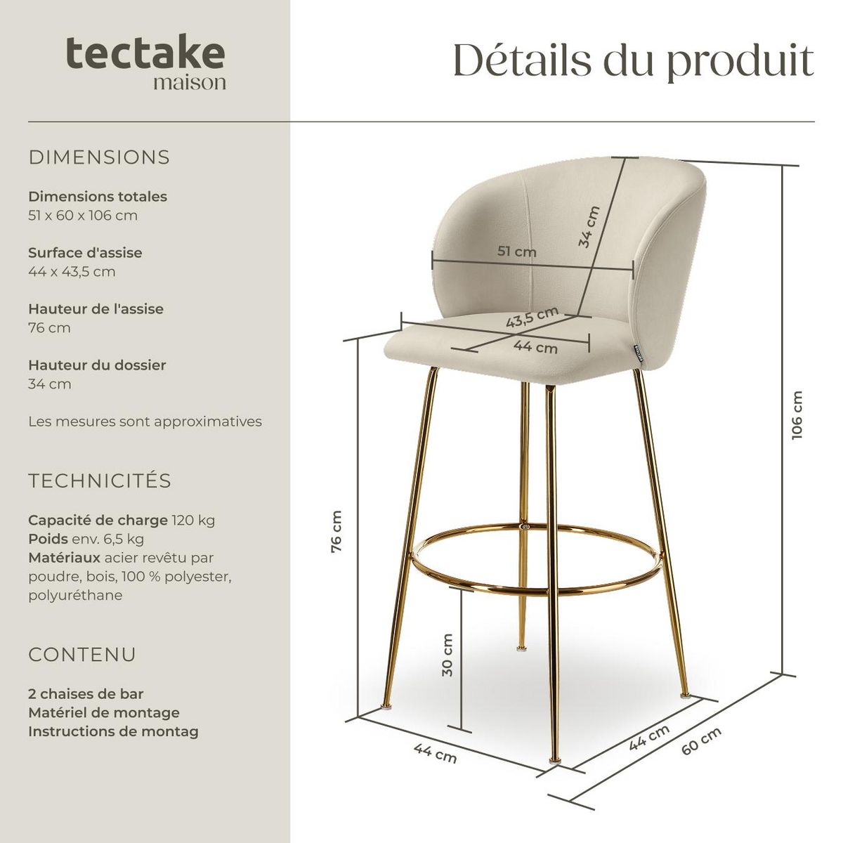 tectake Chaise de bar en velours rembourré crème/or Ensemble de 2 pièces