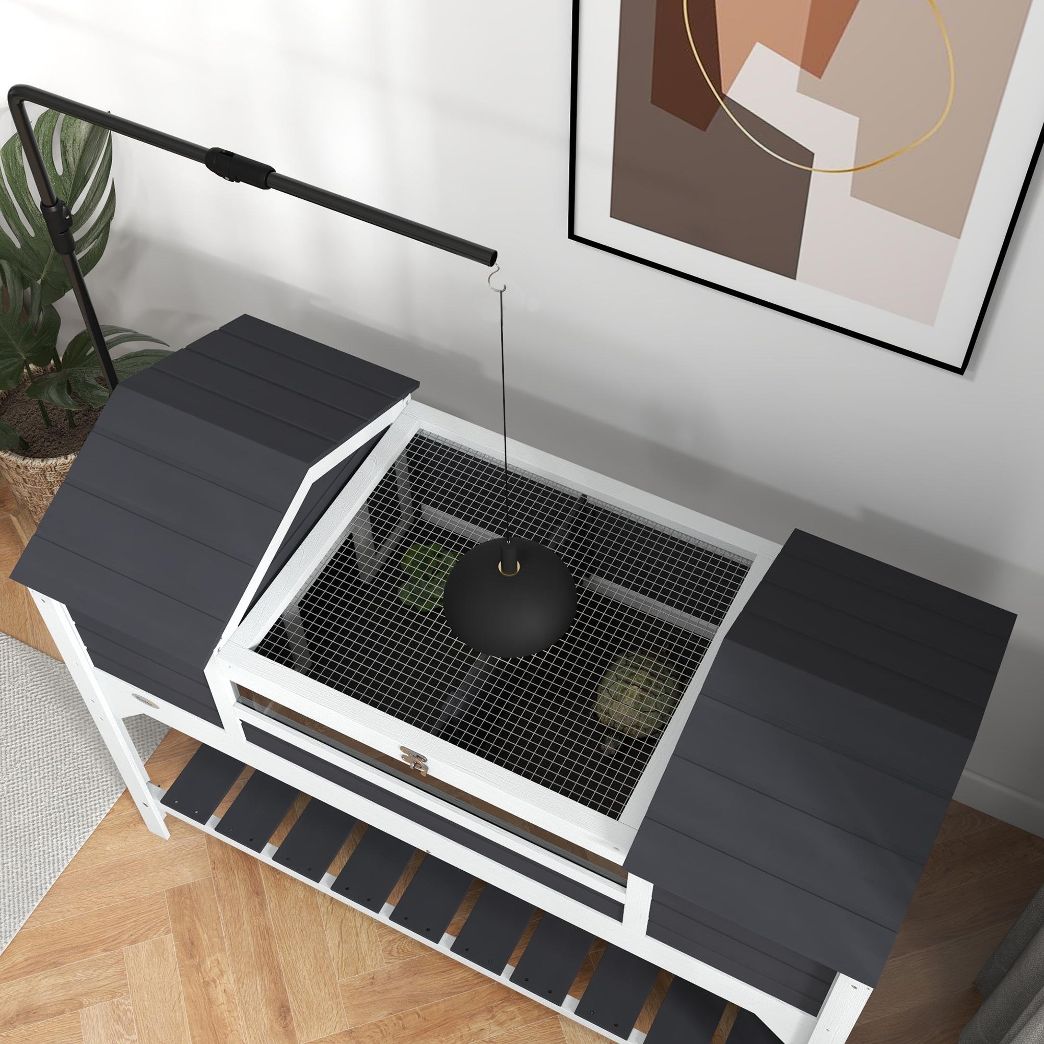 Voir la diapositive 5 : PAWHUT Terrarium maison tortue terrestre - enclos tortue 2 niches, support lampe réglable, toit ouvrable, étagère - bois blanc gris