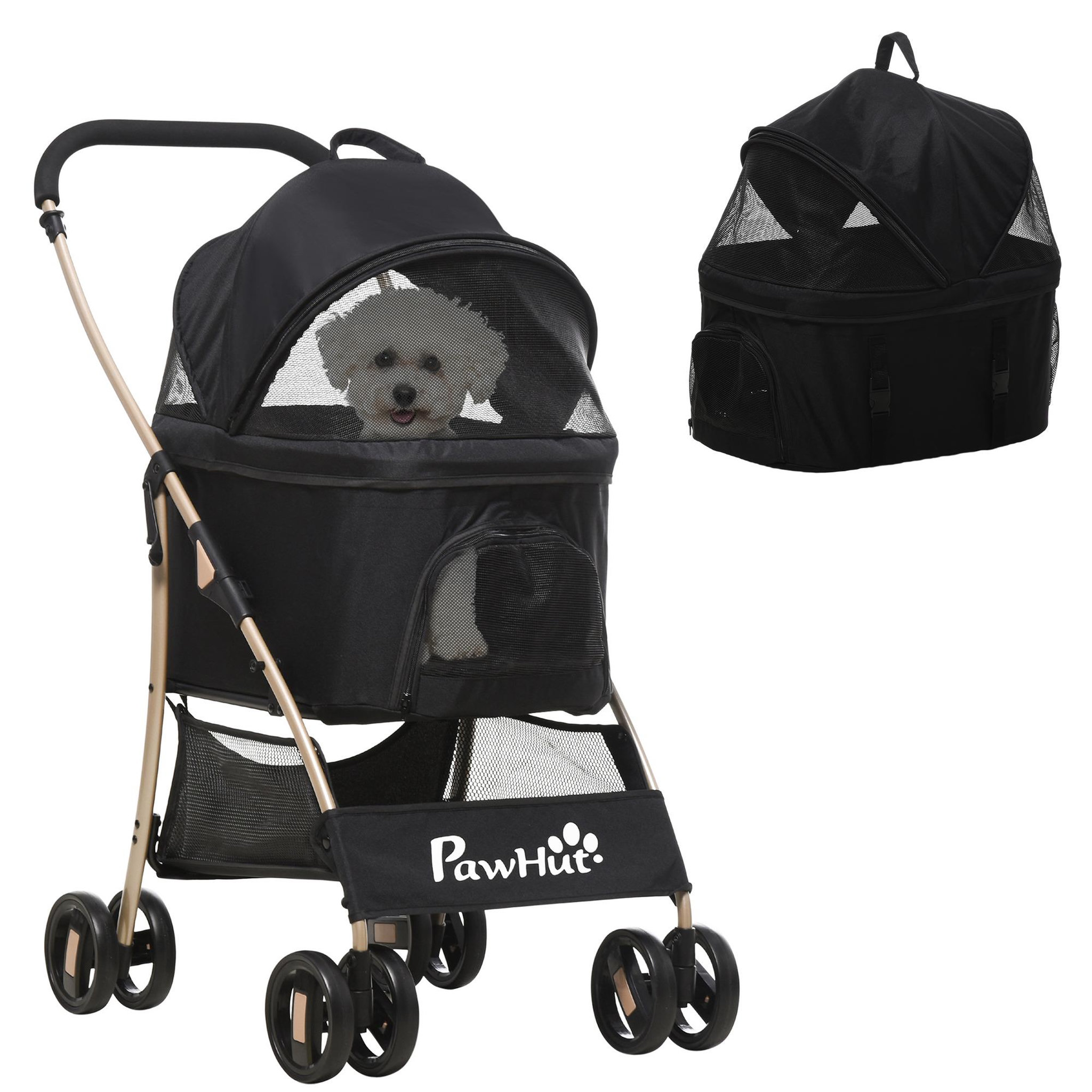 Voir la diapositive 1 : PAWHUT Poussette pliable pour chien chat nacelle amovible 2 en 1 - 4 roues doubles, 2 freins - acier Oxford noir