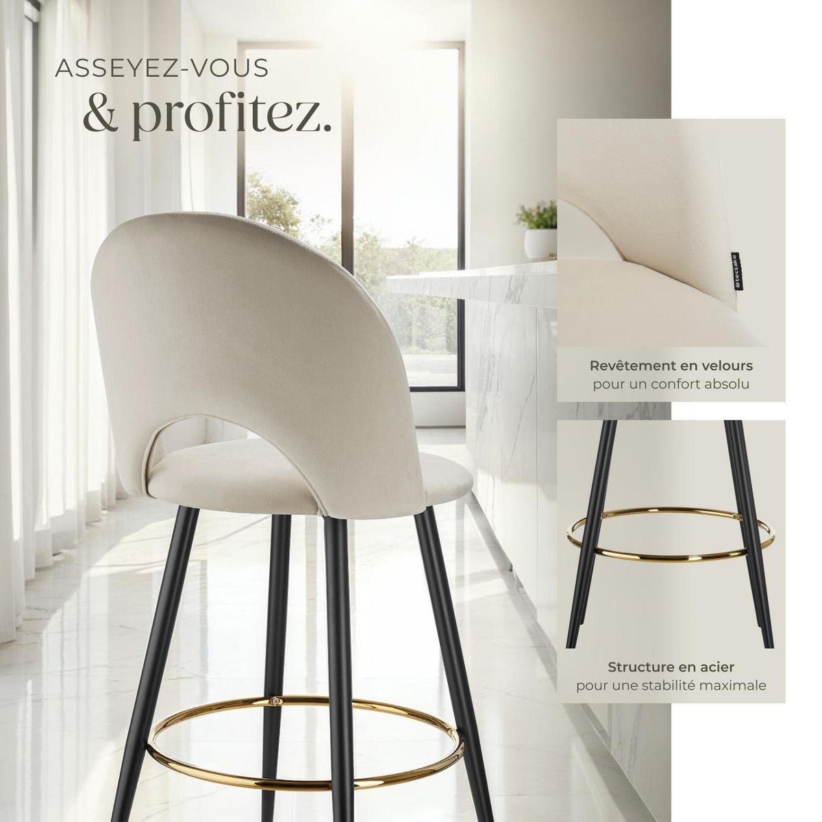 tectake Chaise de bar en velours rembourré crème/noir Ensemble de 4 pièces