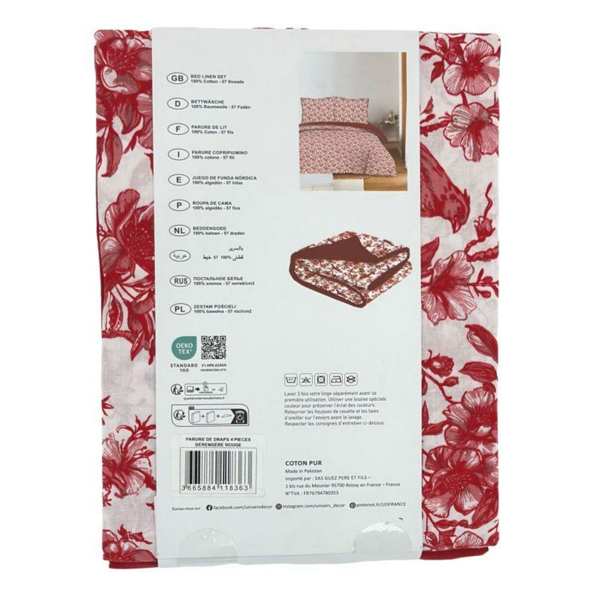 COTON PUR Parure de draps 4 pièces pour lit 140 x 190 cm Bérengère rouge