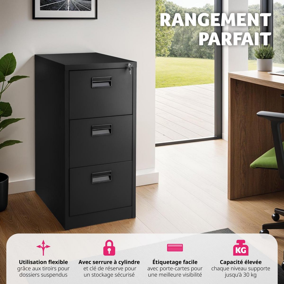 tectake Armoire de classement en métal en acier lâqué époxy noir