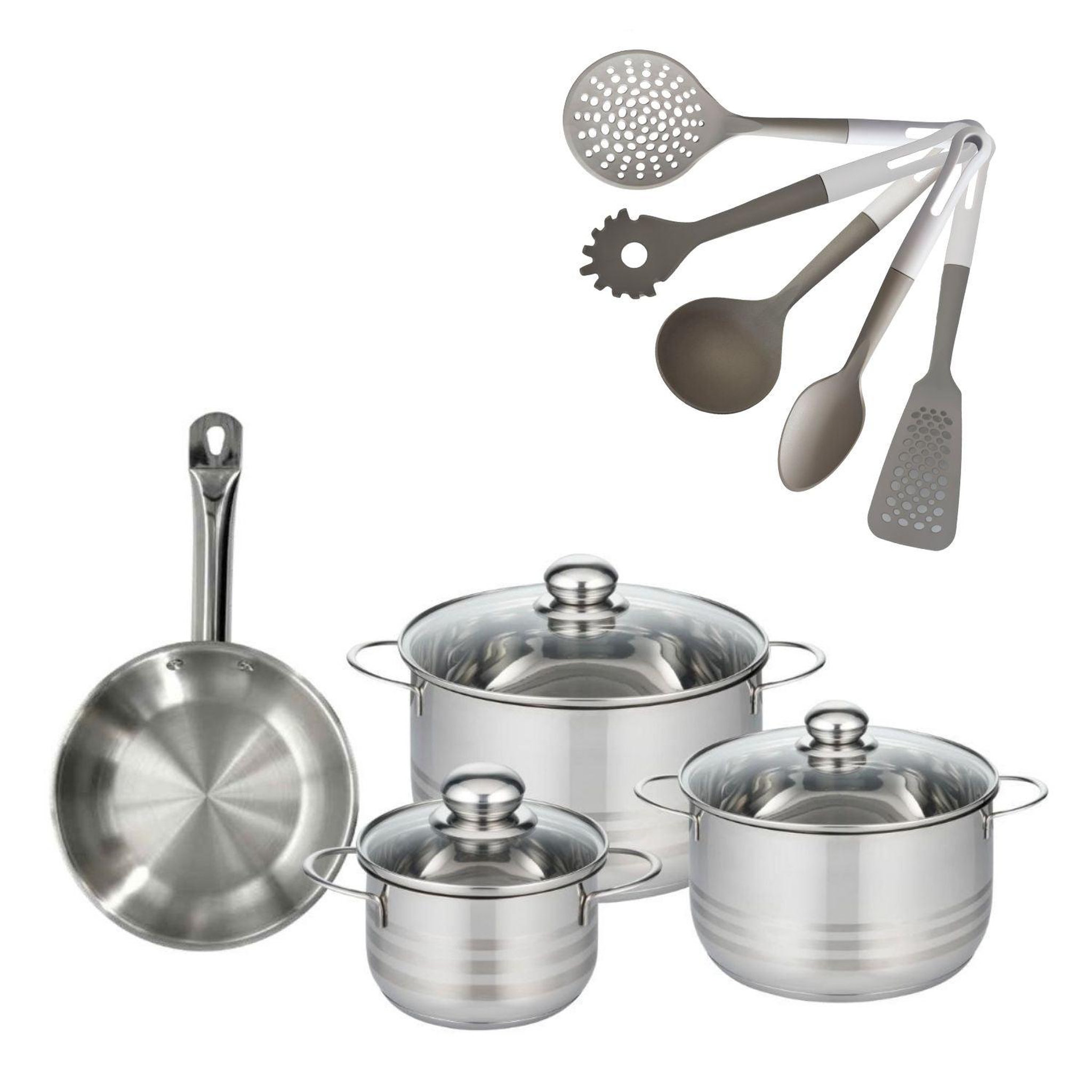 Fackelmann Batterie de cuisine avec 3 faitouts 16/20/24 cm et 1 poêle 20 cm avec 5 ustensiles de cuisine fackelmann etherna brillant vario