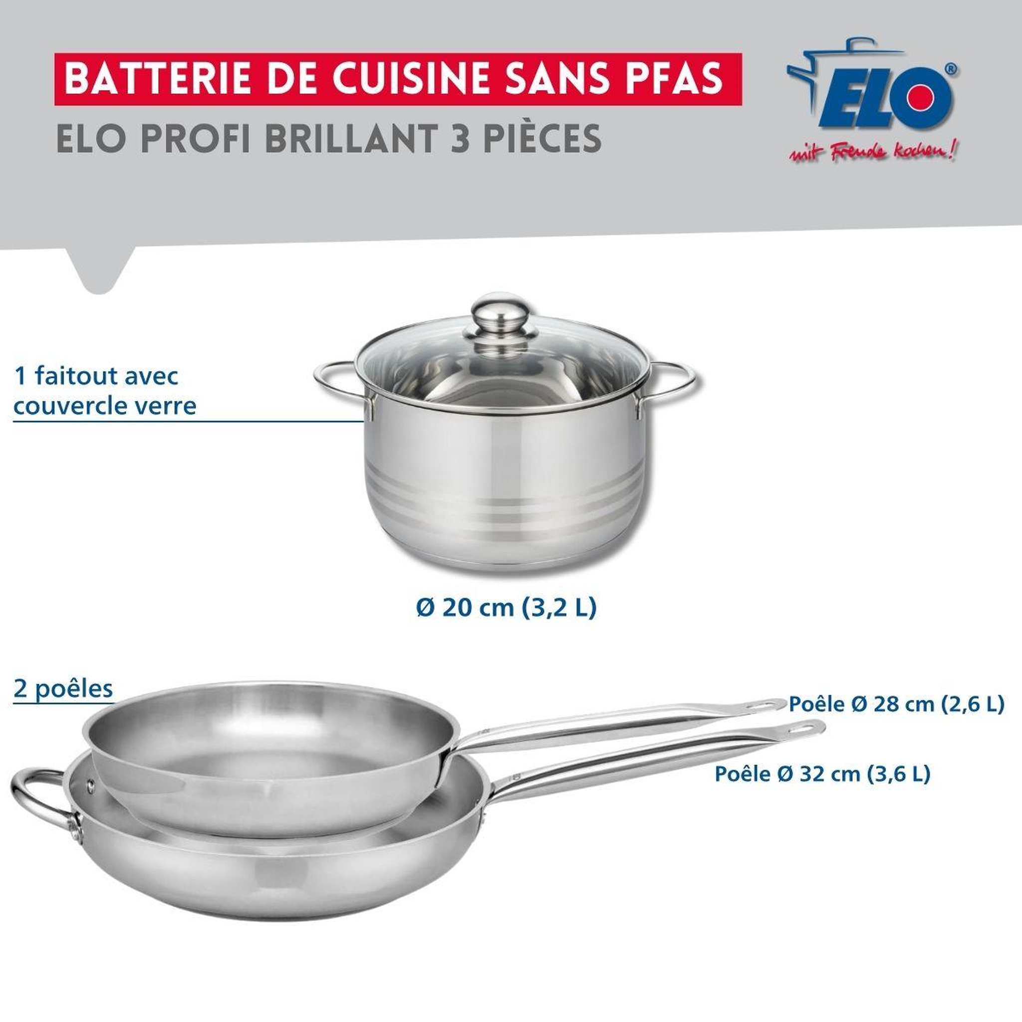 Voir la diapositive 2 : ELO Ensemble de 2 poêles de cuisson 28 et 32 cm et 1 faitout 20 cm elo profi brillant