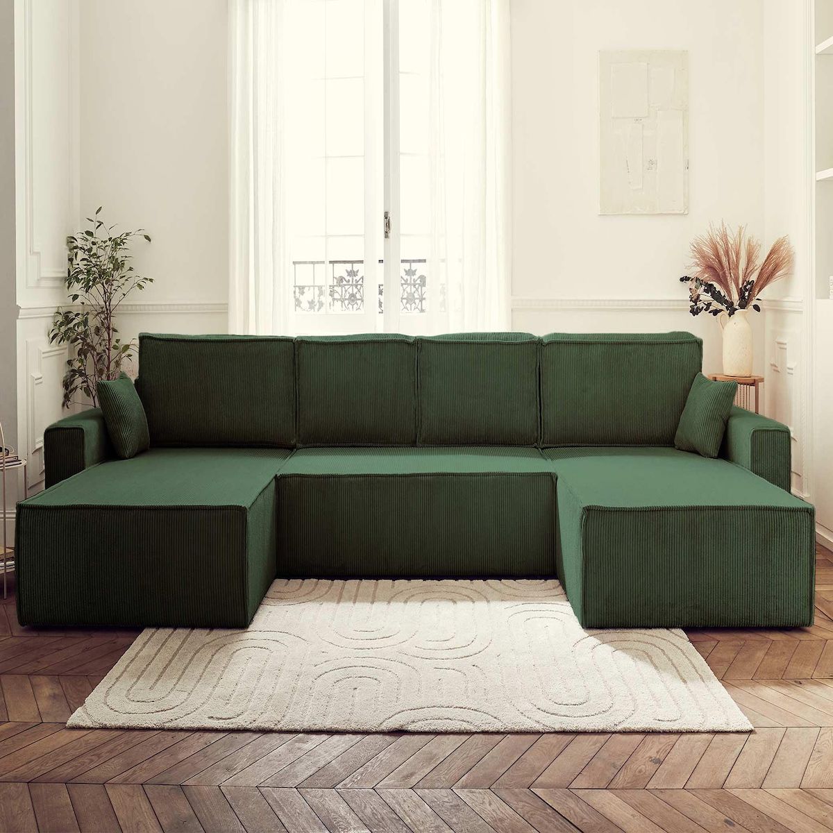 BEST MOBILIER Dellia - canapé panoramique en u - 7 places - convertible - avec coffre - en velours côtelé