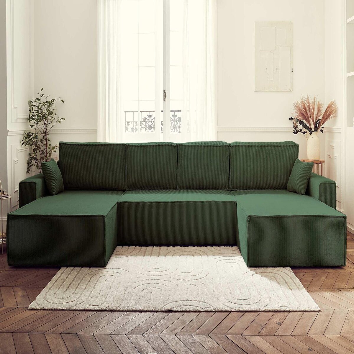 BEST MOBILIER Dellia - canapé panoramique en u - 7 places - convertible - avec coffre - en velours côtelé