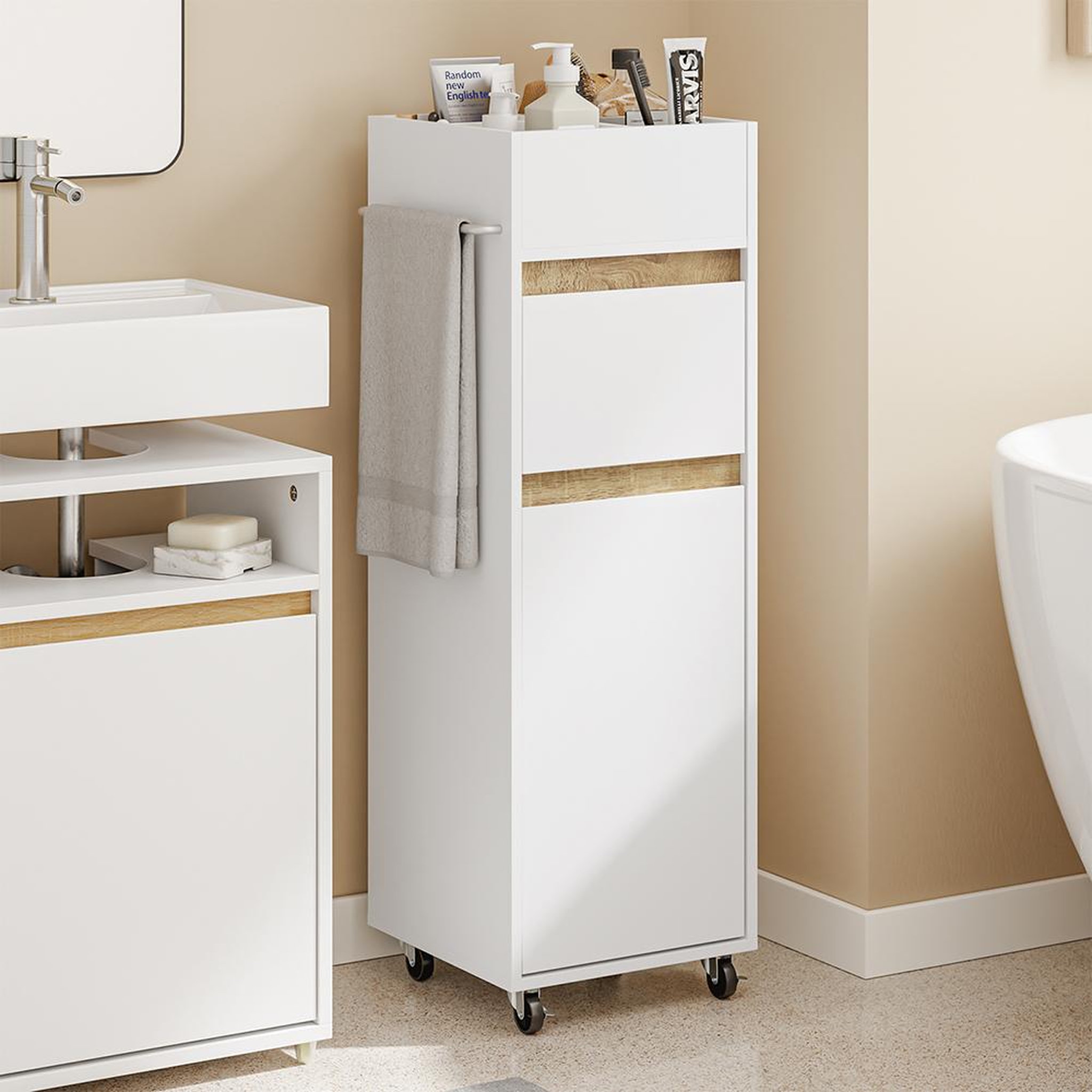 Voir la diapositive 2 : SOBUY Meuble de rangement étroit blanc avec tiroir et porte 33x30x91,5 cm BZR225-WN