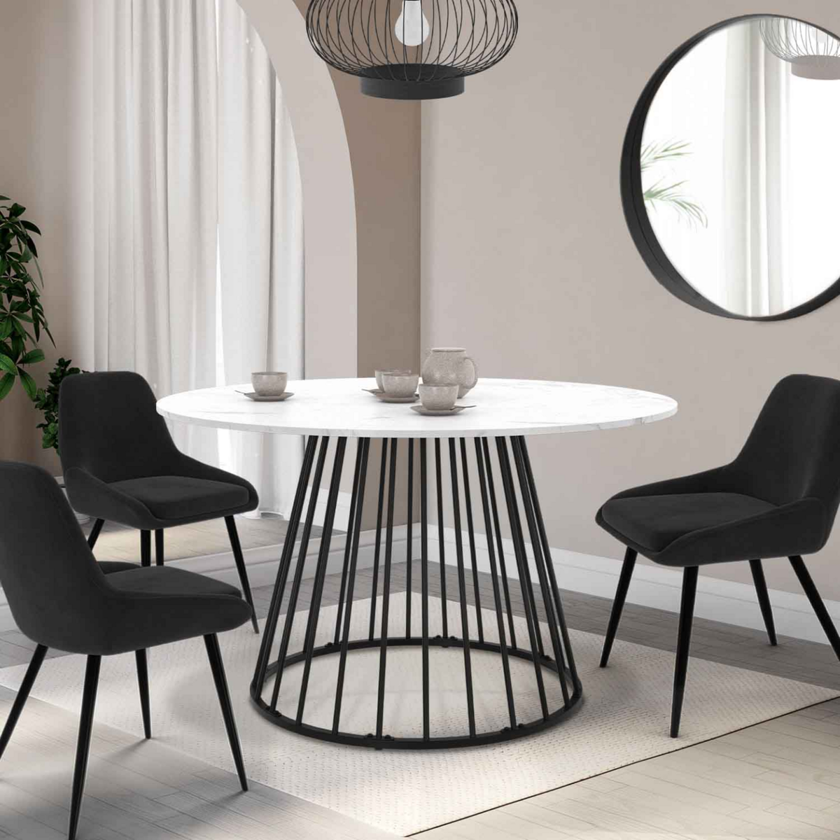 ID MARKET Table à manger ronde YUNA 6 personnes pied filaire en métal noir et plateau effet marbre blanc ALASKA 110 cm