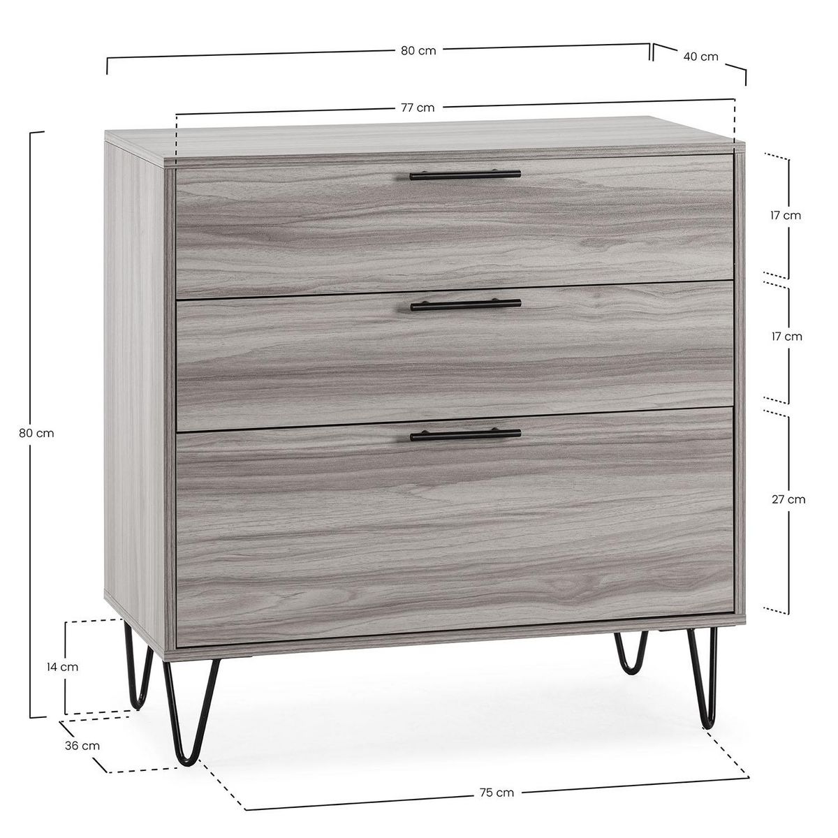 VS VENTA-STOCK Commode de nuit Alma 3 tiroirs, coloris bois, pieds métal