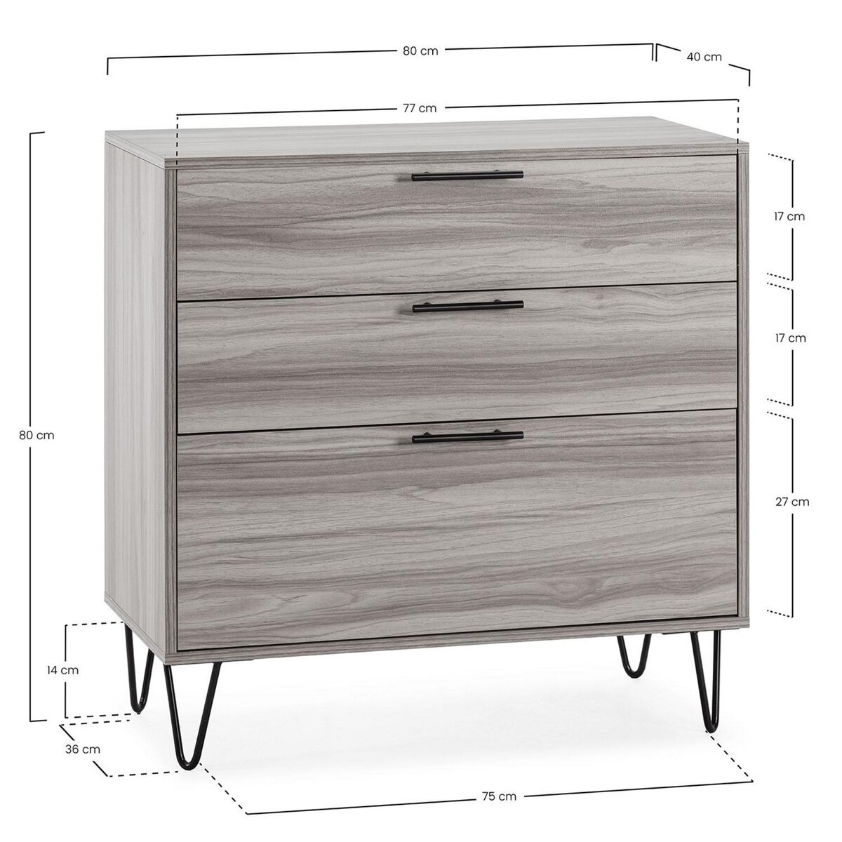 VS VENTA-STOCK Commode de nuit Alma 3 tiroirs, coloris bois, pieds métal