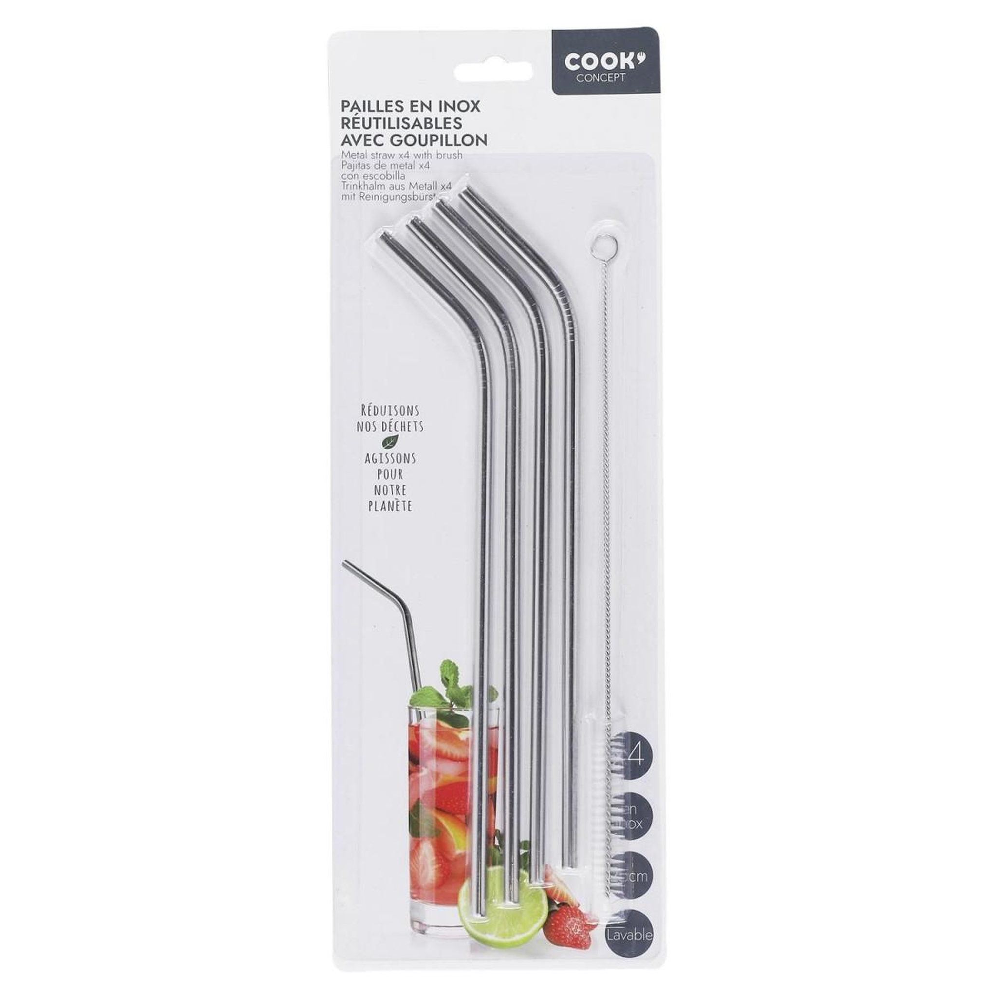 Voir la diapositive 2 : COOK CONCEPT Lot de 4 pailles inox & goupillon  cali  25cm argent