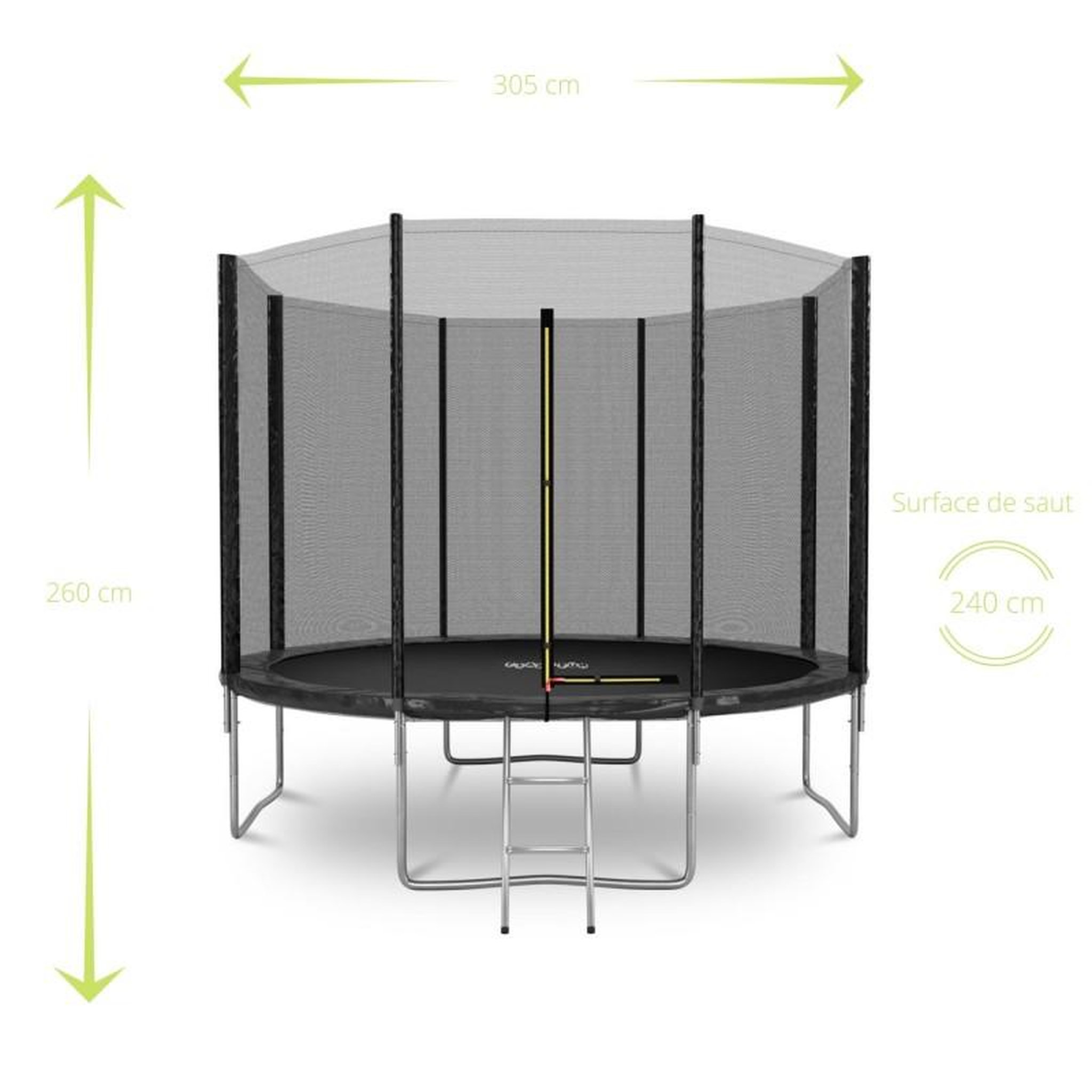 Voir la diapositive 3 : PLAY4FUN Trampoline de Jardin Deluxe 10FT ø305cm Noir - avec Filet de sécurité, Tapis de saut, Coussin de protection, Echelle
