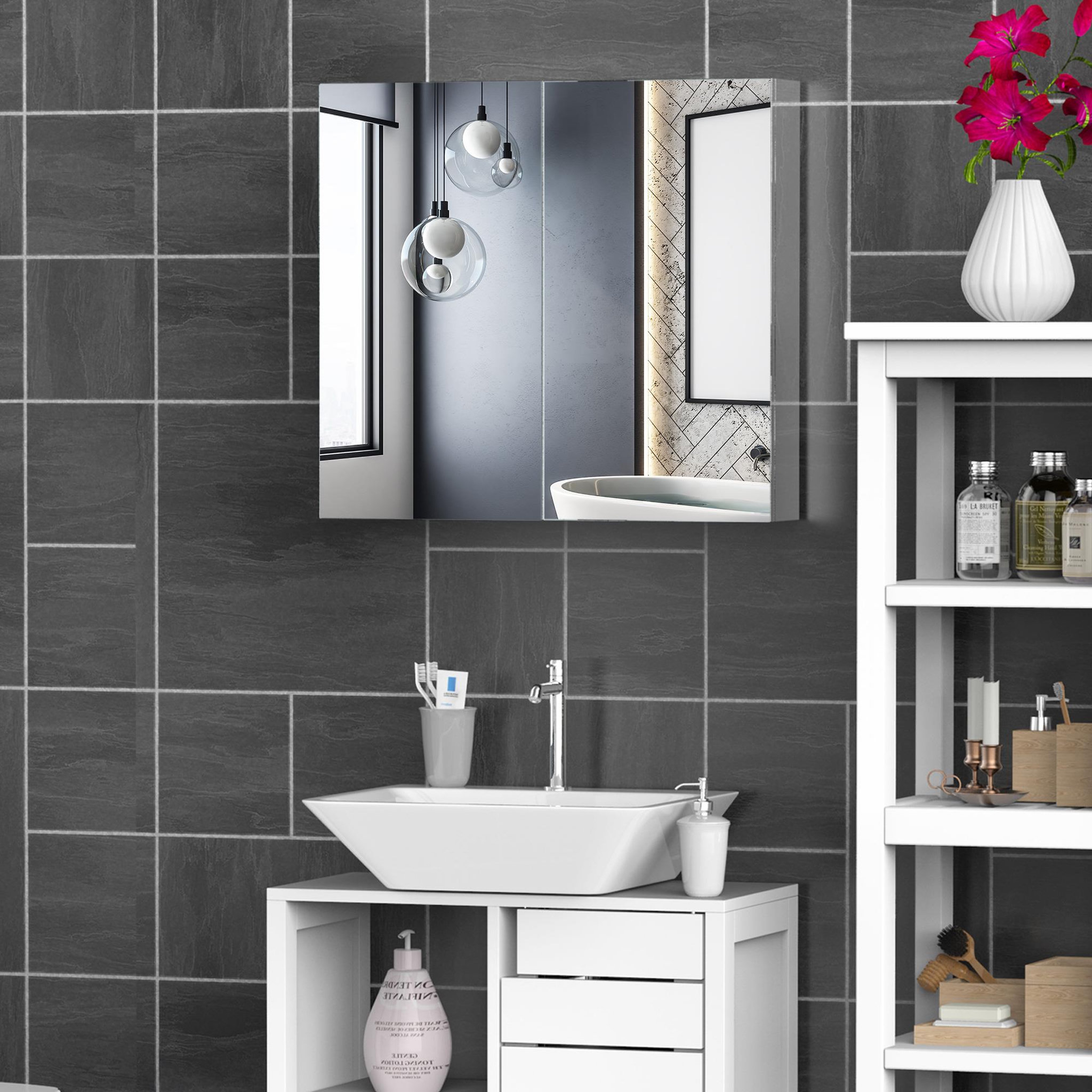 Voir la diapositive 2 : HOMCOM Armoire miroir rangement toilette salle de bain meuble mural dim. 60L x 12l x 55H cm acier inox.