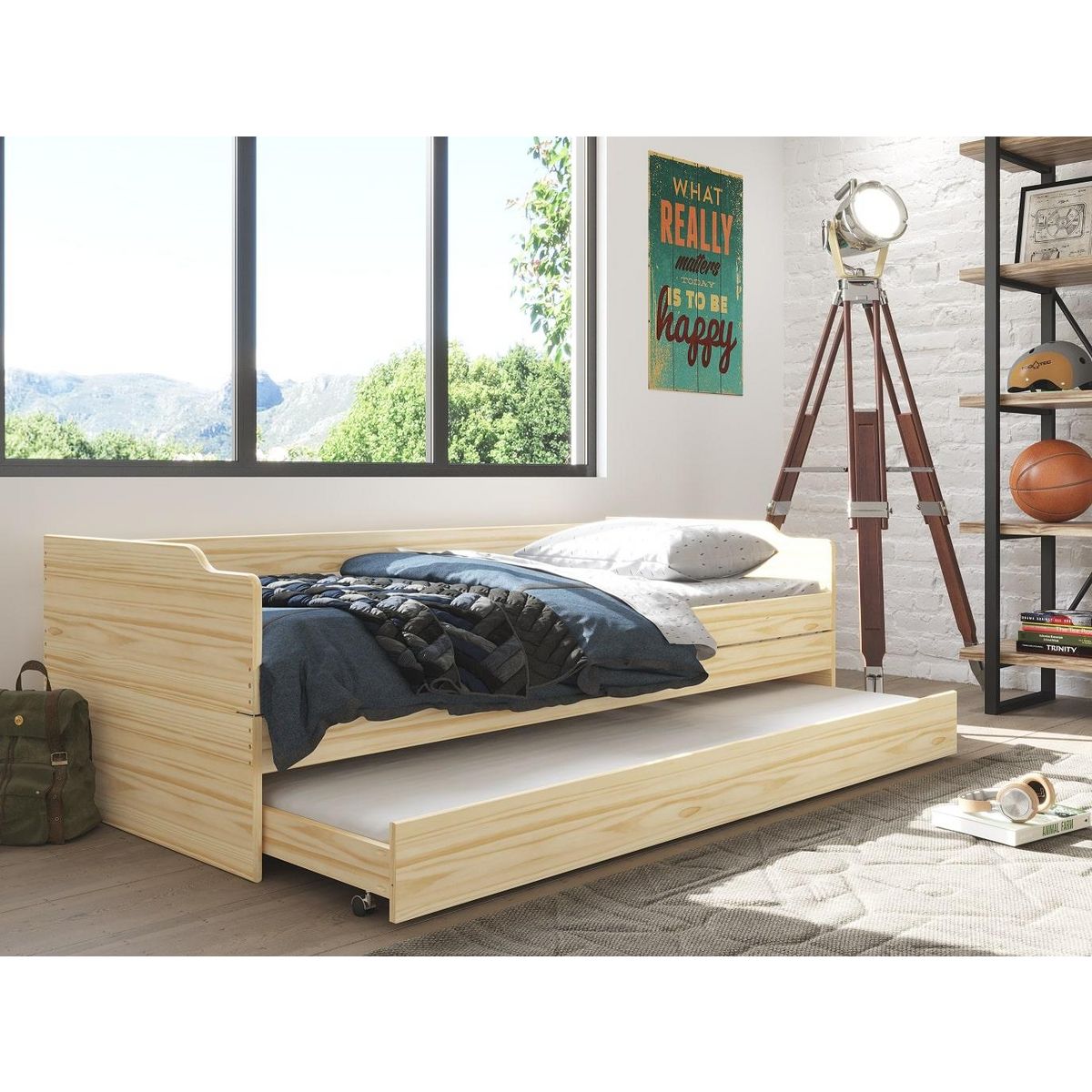 Lit banquette gigogne en pin massif 3 couchages  90x200cm BLANDINE