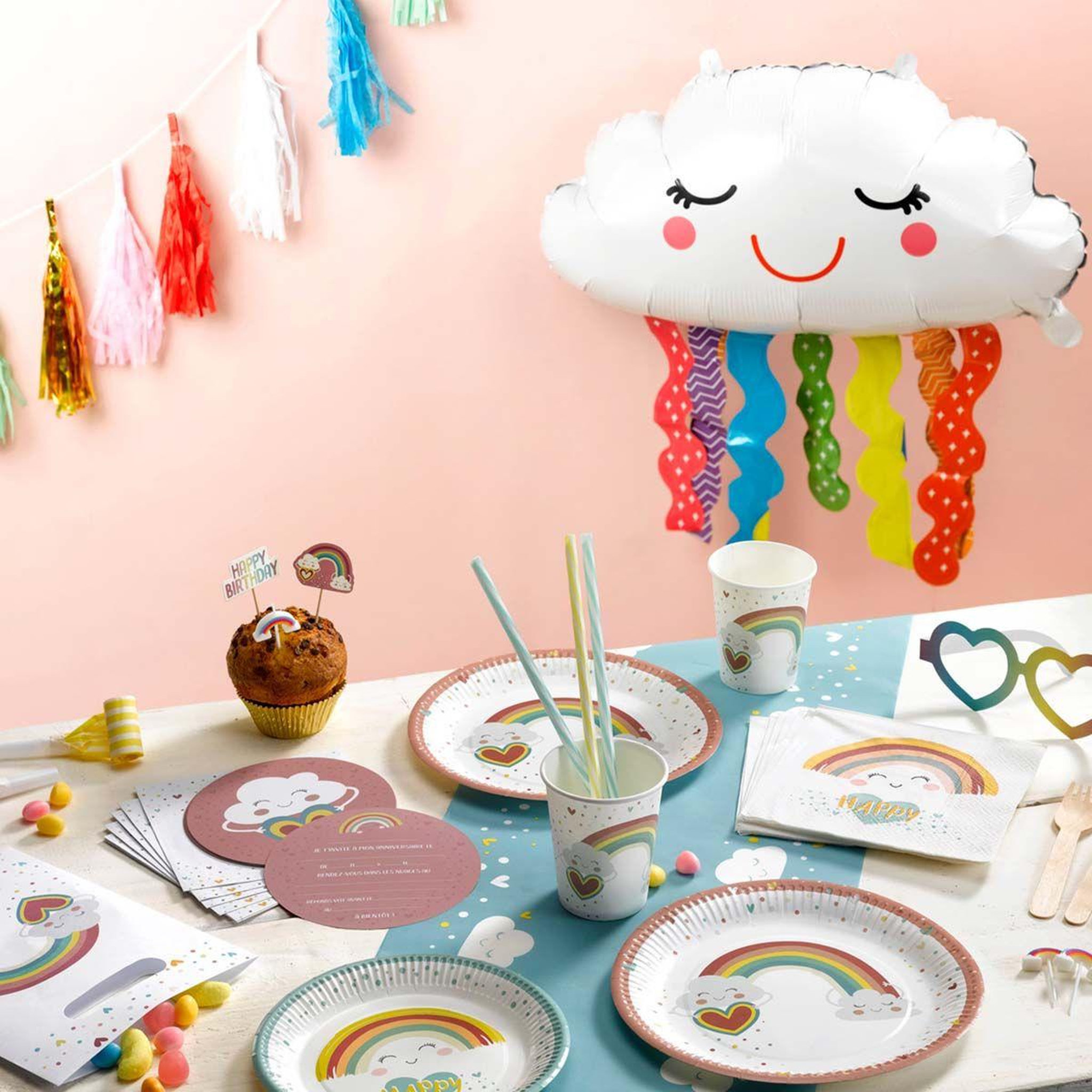 Voir la diapositive 2 : HOMEA Lot de 6 Sacs à Bonbons  Nuage Rainbow  23cm Blanc