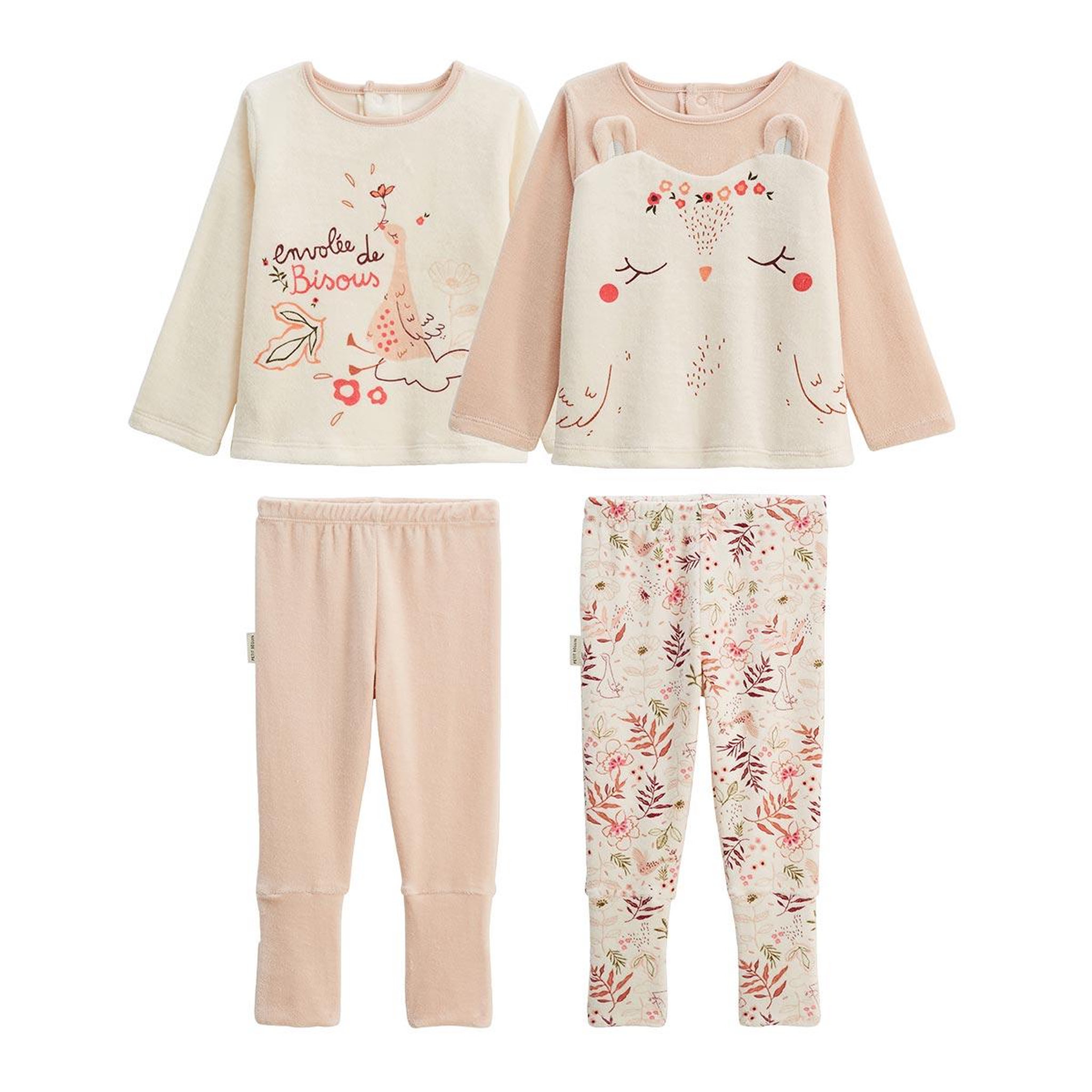 Petit Béguin Lot de 2 pyjamas enfant 2 pièces en velours avec pieds retroussables Manouk. Coloris disponibles : Rose