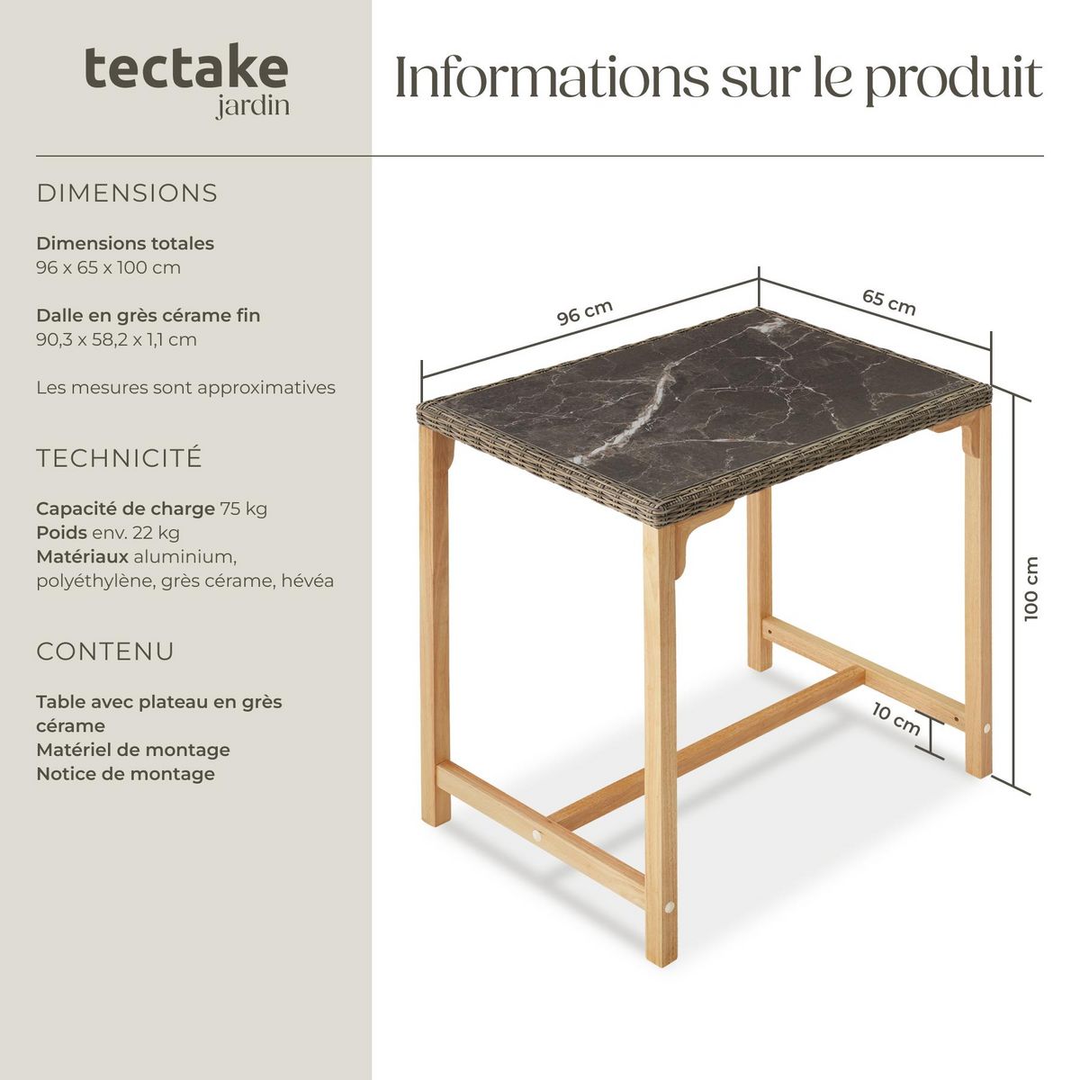 tectake Table de bar en rotin avec cadre en aluminium et bois marron naturel