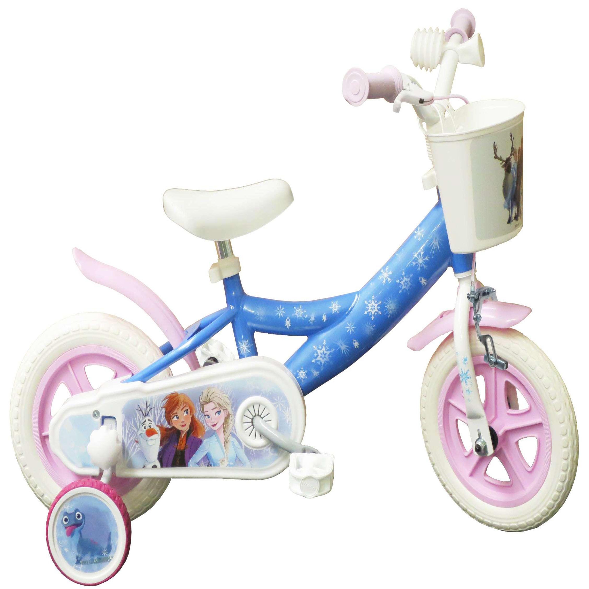 Disney La Reine des Neiges Vélo enfant - Modèle 10''Reine des neiges pour enfant de 75/90 cm avec stabilisateurs - Panier avant - Porte poupée - 1 frein
