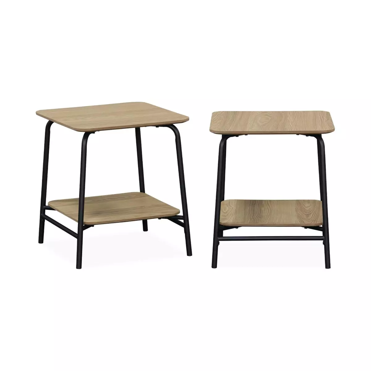 SWEEEK Lot de 2 tables de chevet effet table d'école en décor bois avec structure en acier - 1 étagère centrale