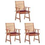 VIDAXL Chaises a manger d'exterieur lot de 3 et coussins Acacia massif