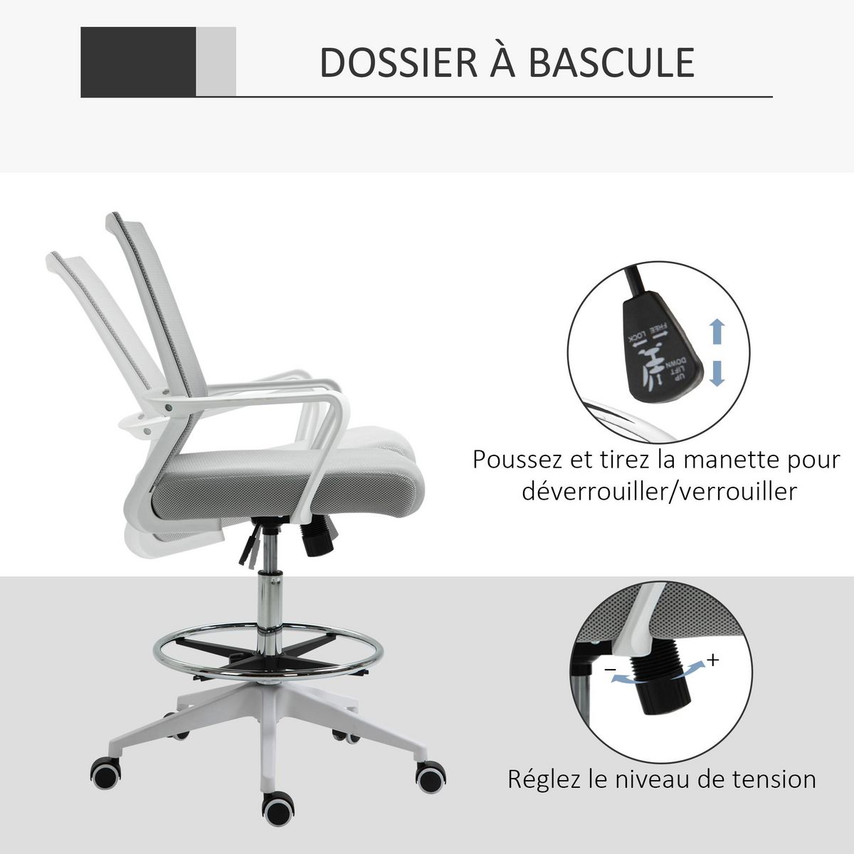 HOMCOM Fauteuil de bureau chaise de bureau assise haute réglable dim. 64L x 59l x 104-124H cm pivotant 360° maille respirante gris