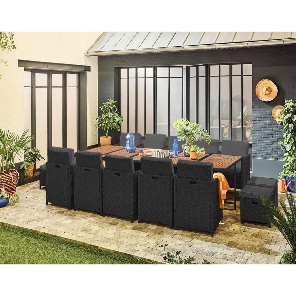 BEST MOBILIER Cuba – salon de jardin encastrable en résine tressé noir - 14 places - coussins gris + housse de protection