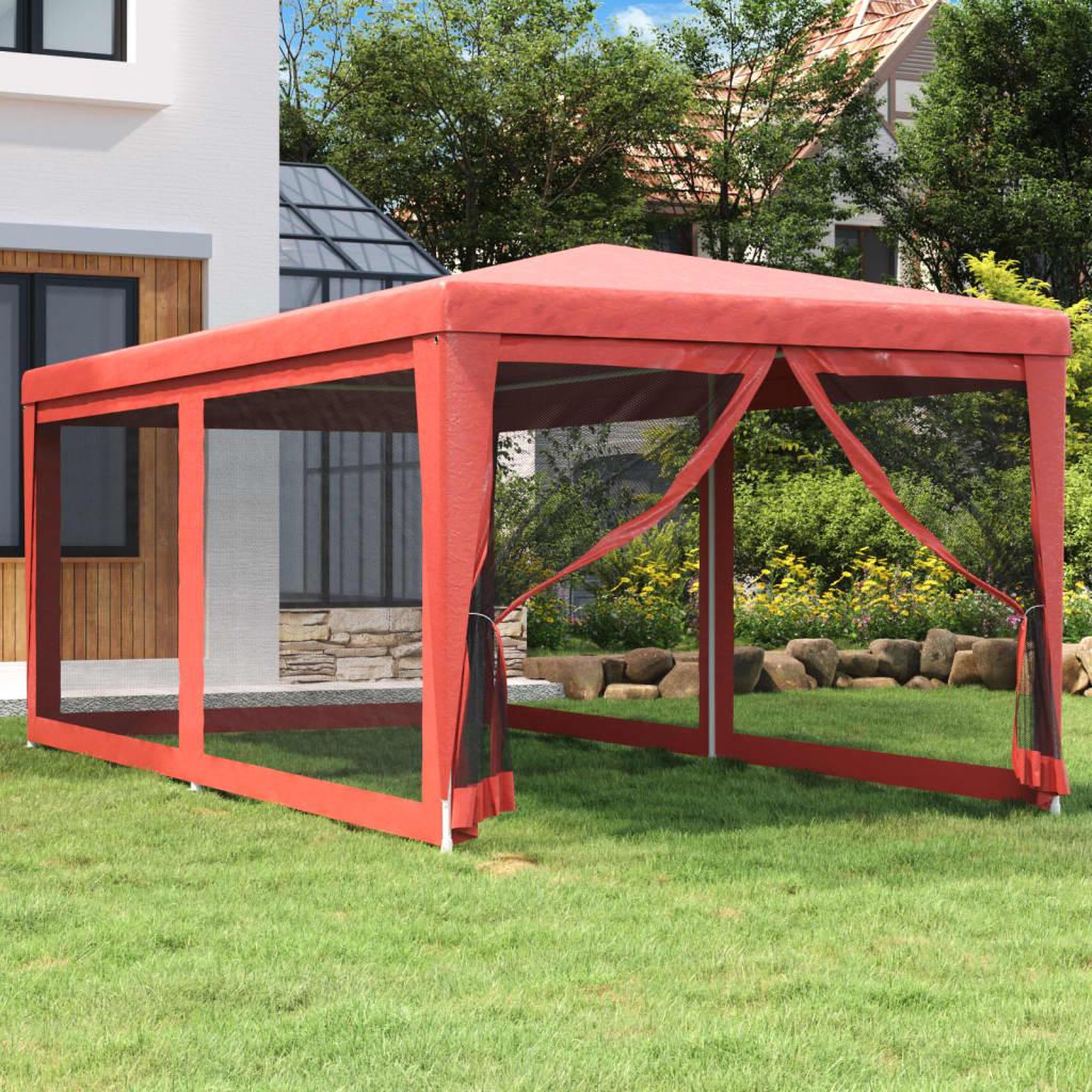 Voir la diapositive 1 : VIDAXL Tente de fete avec 6 parois laterales en maille Rouge 3x6m PEHD