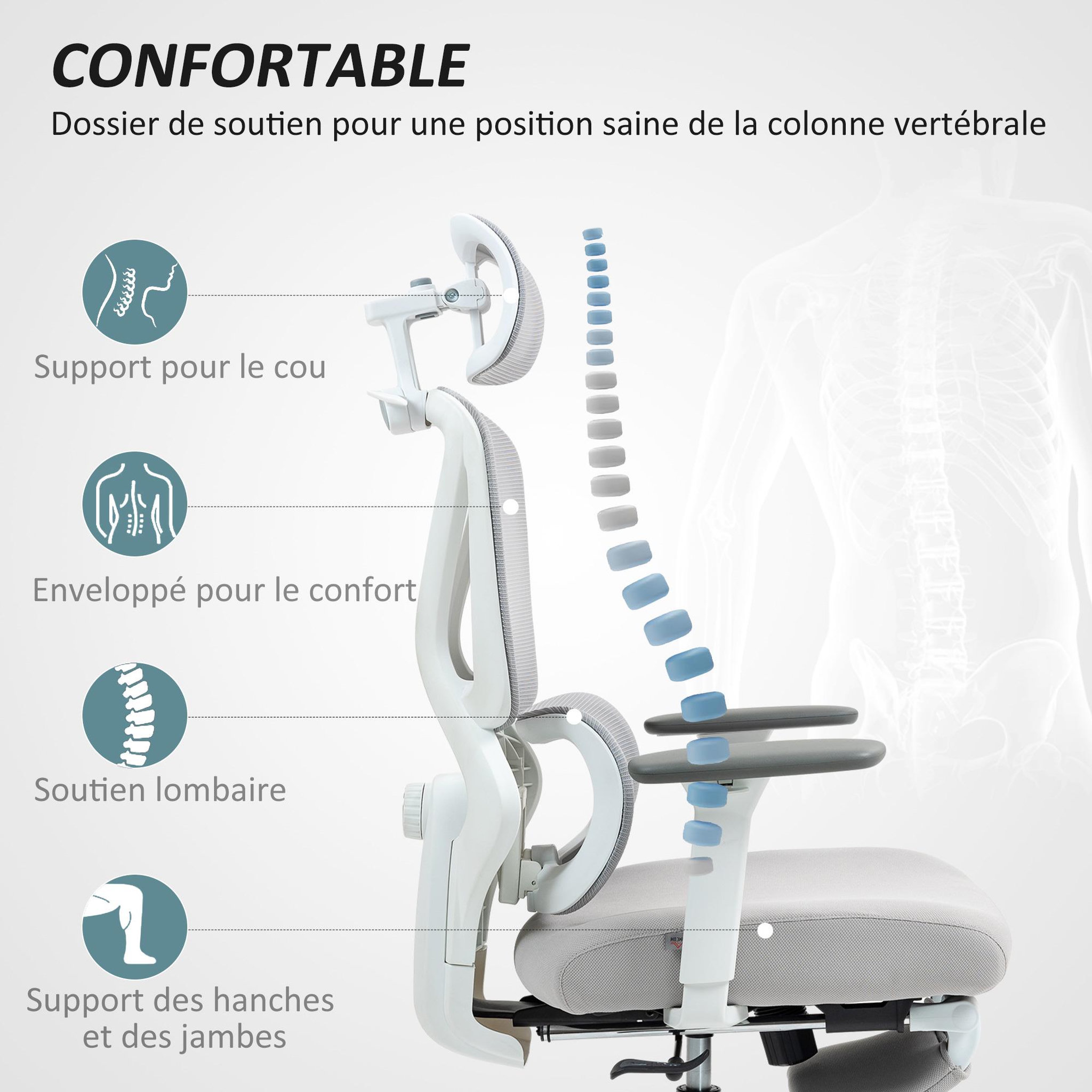 Voir la diapositive 4 : HOMCOM Chaise de bureau ergonomique inclinable support lombaires repose-pied blanc gris