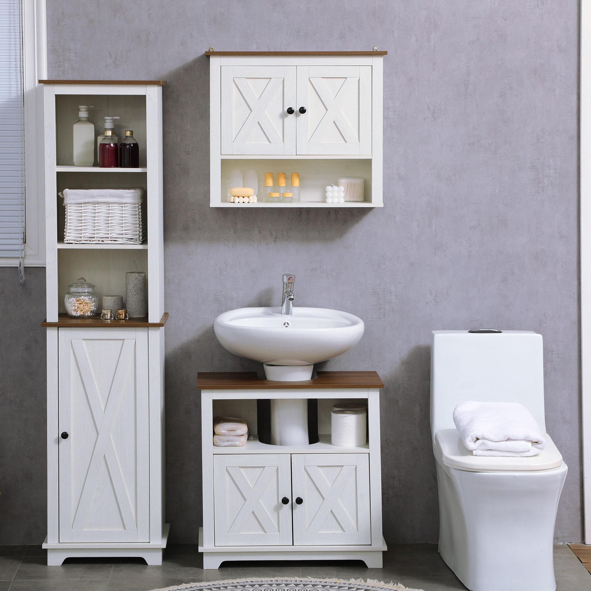 Voir la diapositive 2 : KLEANKIN Armoire murale salle de bain style rustique chic - 2 portes, étagère, niche - effet bois noyer écru
