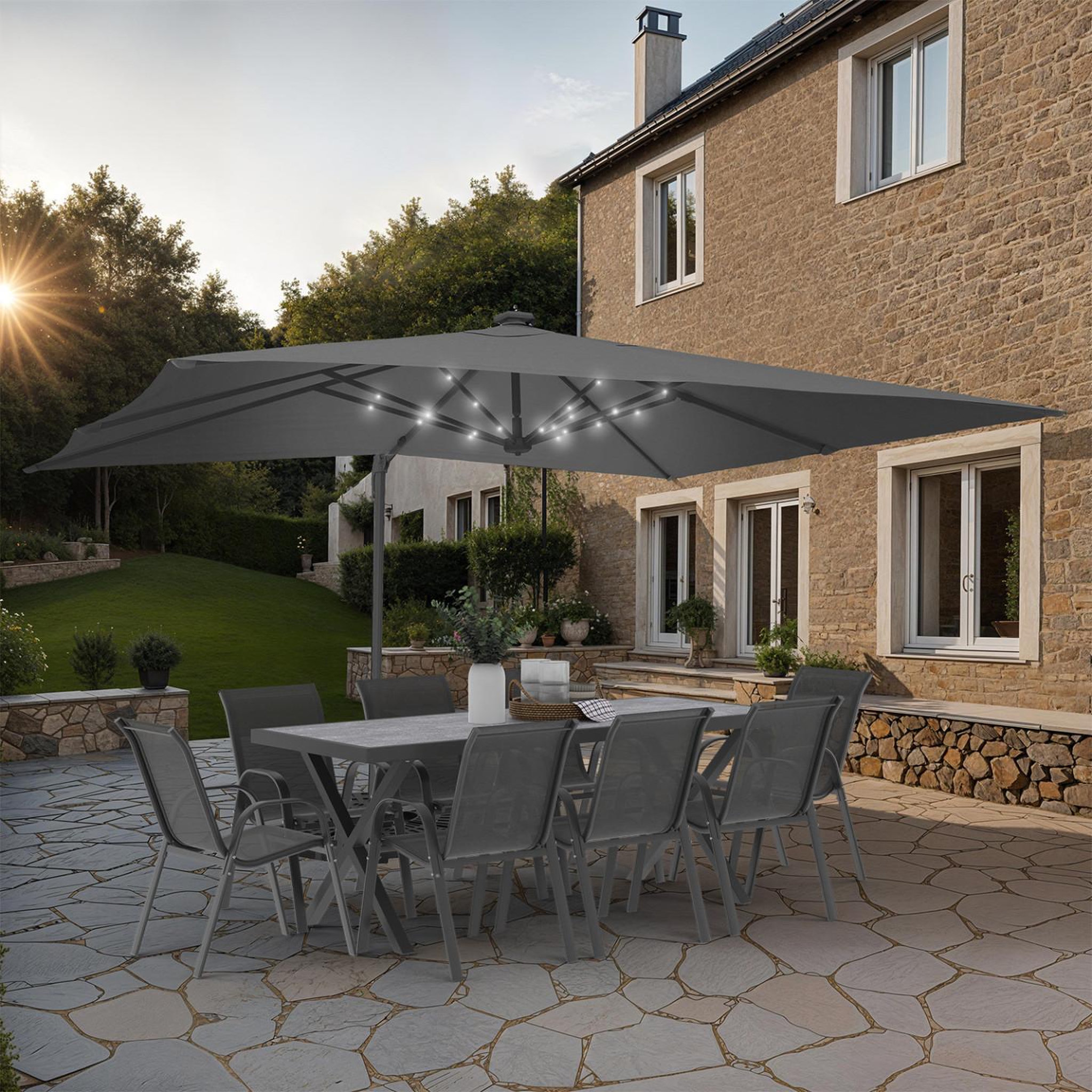 Voir la diapositive 2 : ID MARKET Parasol déporté inclinable rotatif 360 CALVI LED gris 3x4 M avec 4 dalles et housse