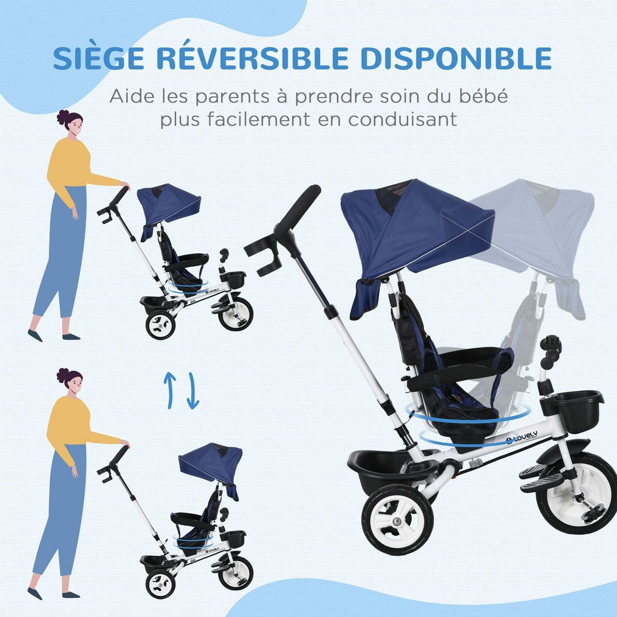 HOMCOM Tricycle enfant évolutif pliable pare-soleil canne télescopique amovible siège réversible bleu