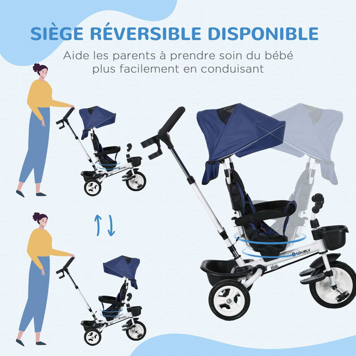 HOMCOM Tricycle enfant évolutif pliable pare-soleil canne télescopique amovible siège réversible bleu