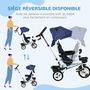 Voir la diapositive 5 : HOMCOM Tricycle enfant évolutif pliable pare-soleil canne télescopique amovible siège réversible bleu