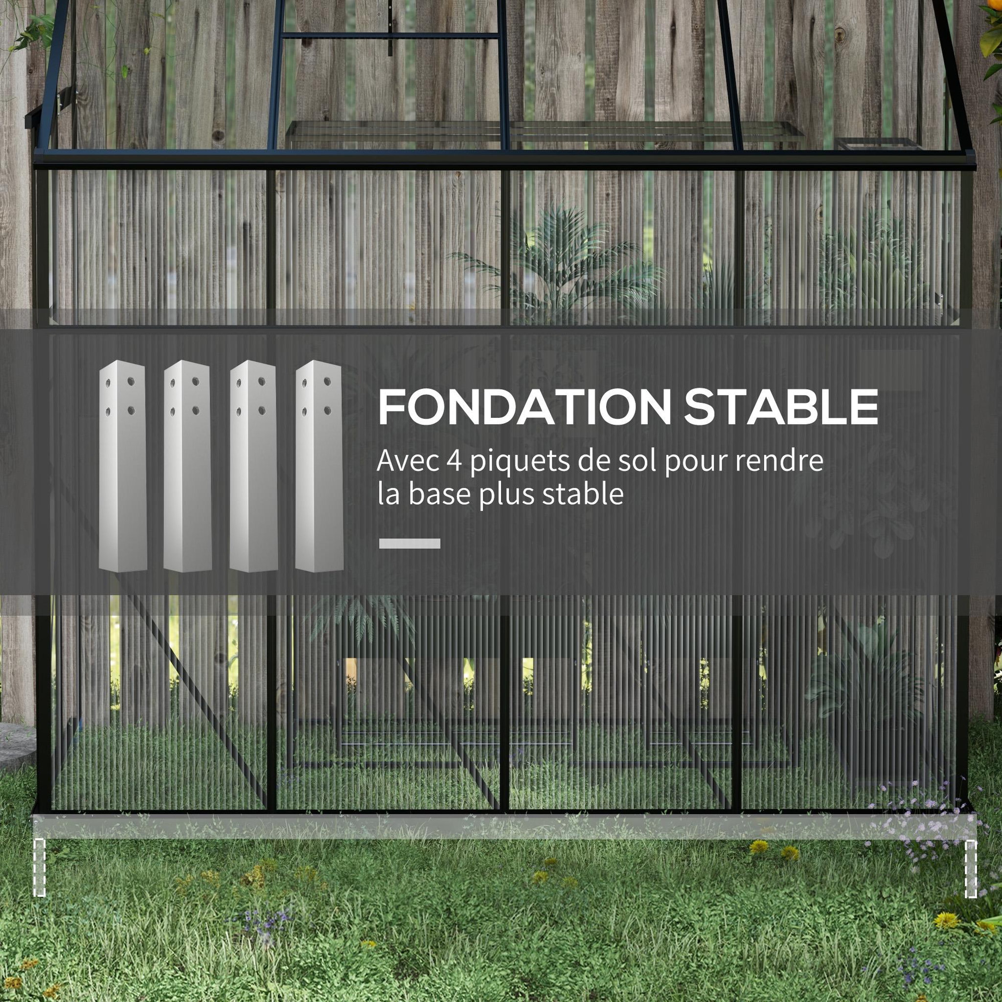 Voir la diapositive 5 : OUTSUNNY Serre de jardin adossée serre adossée dim. 2,53L x 1,27l x 2,4H m fondation porte coulissante lucarne alu polycarbonate noir