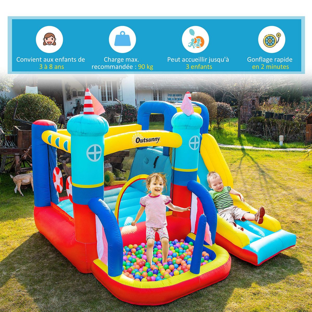 OUTSUNNY Château gonflable enfant - toboggan, trampoline, piscine, mur d'escalade - gonfleur, sac de transport inclus - dim. 2,65L x 2,6l x 2H m - polyester multicolore