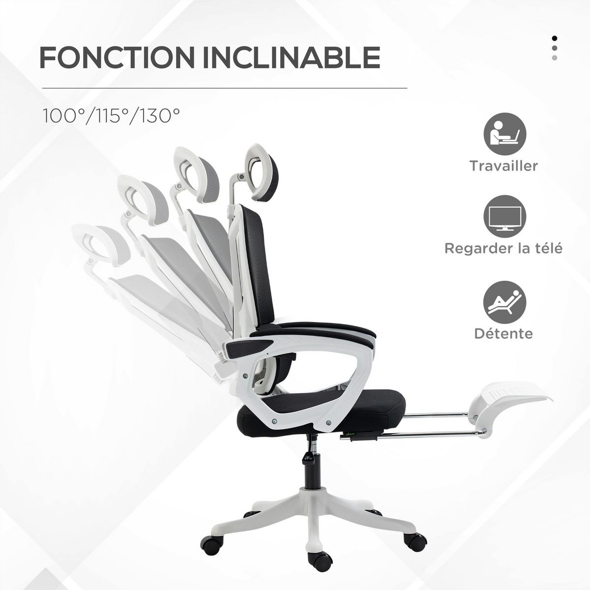 VINSETTO Fauteuil de bureau ergonomique inclinable réglable - repose-pied rétractable, support lombaires, tétière ajustable - blanc noir