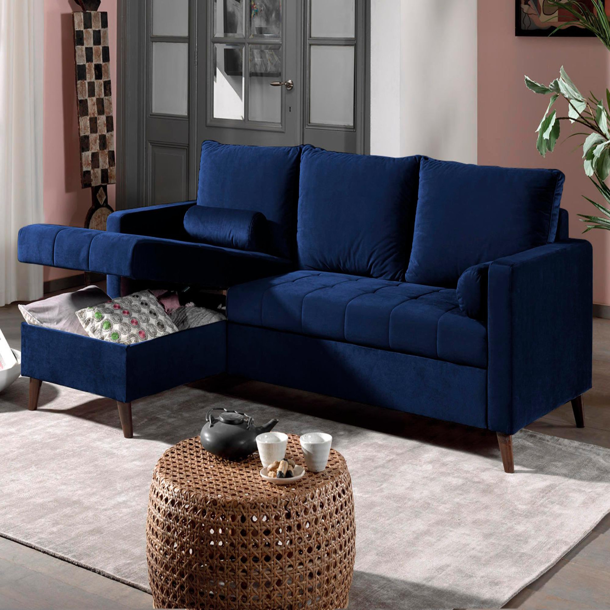 Voir la diapositive 4 : BEST MOBILIER Polar - canapé d'angle réversible convertible - en velours au design scandinave - 4 places