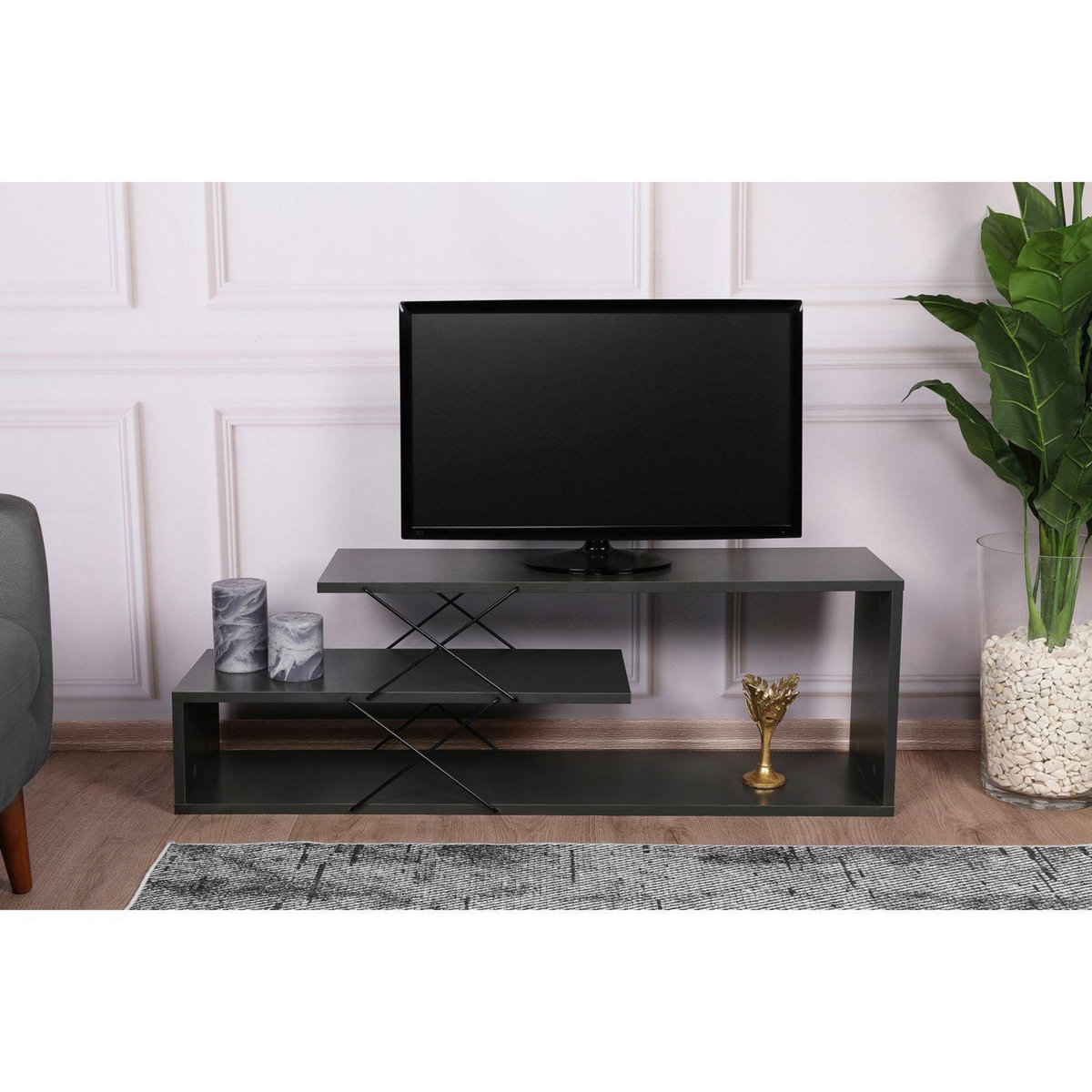 TOILINUX Meuble TV en bois MATHIS - Gris anthracite